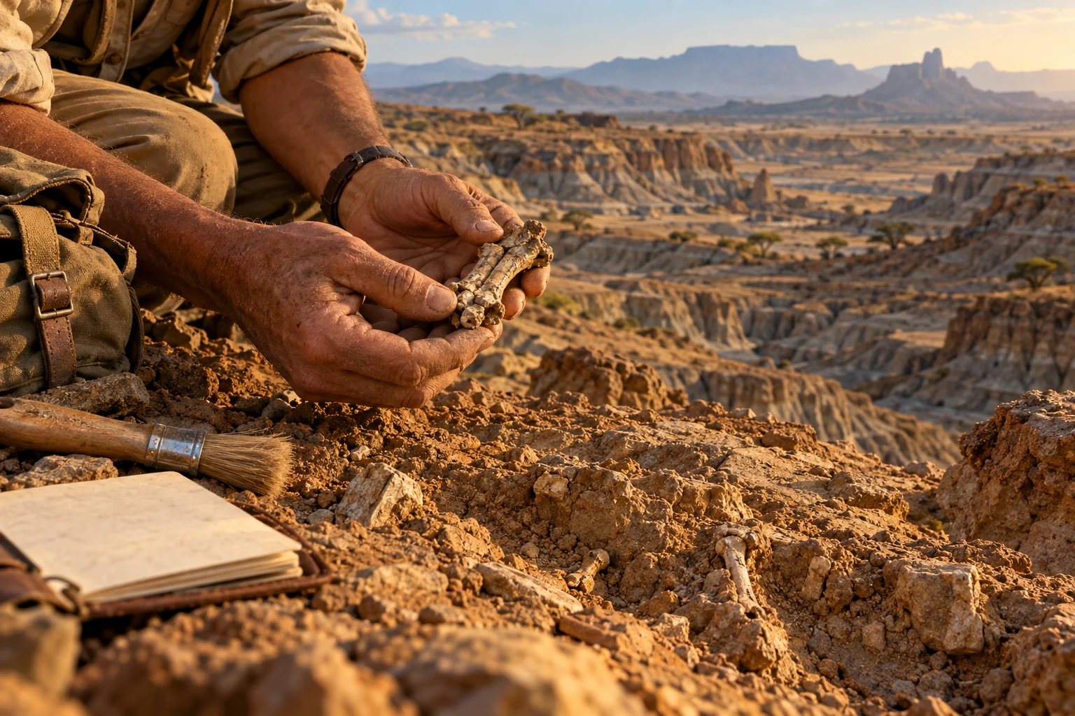 Dusty hands examine a small fossil fragment above an eroded Ethiopian gully.