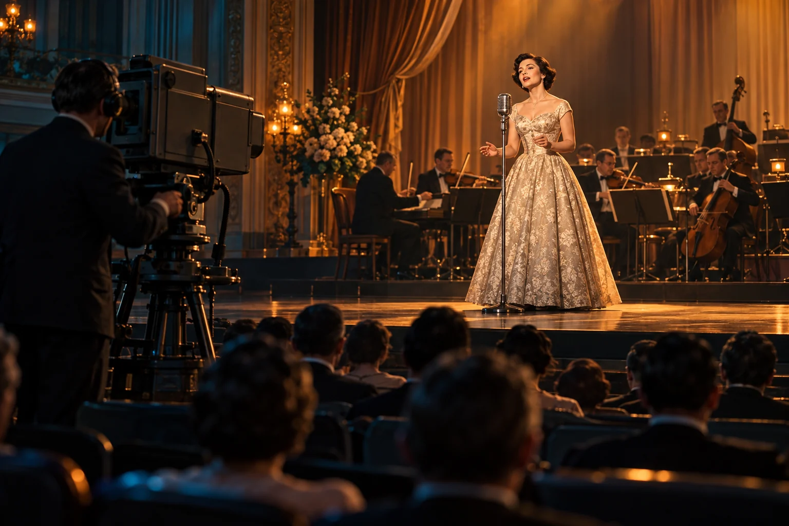A solo singer, small orchestra and television camera in a warmly lit 1950s theatre.