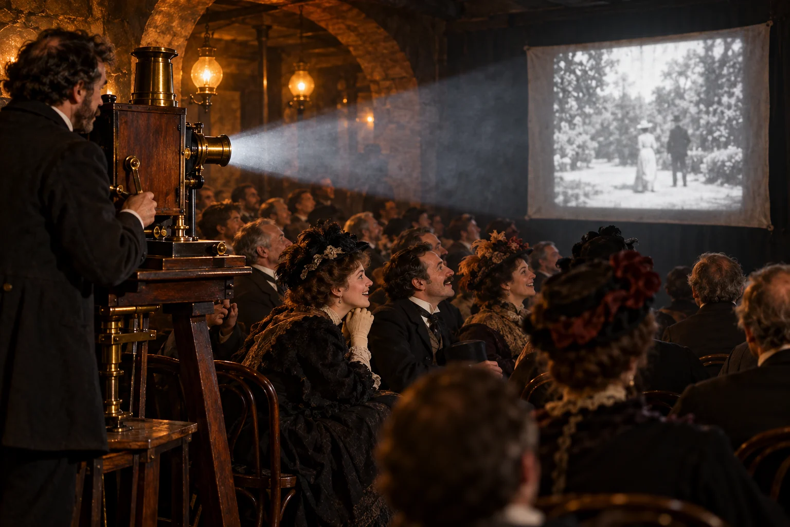 A projector operator and an 1890s Paris audience watch a small screen showing an indistinct garden scene.