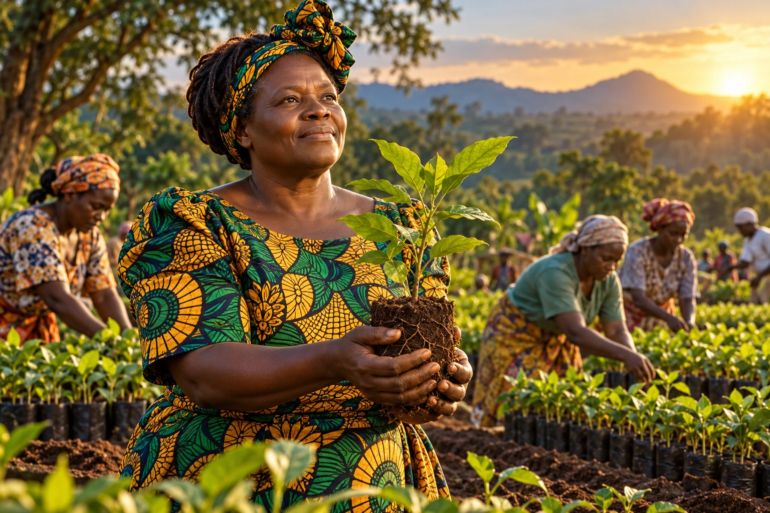 A Kenyan woman holds a rooted seedling while women tend saplings in a community nursery.