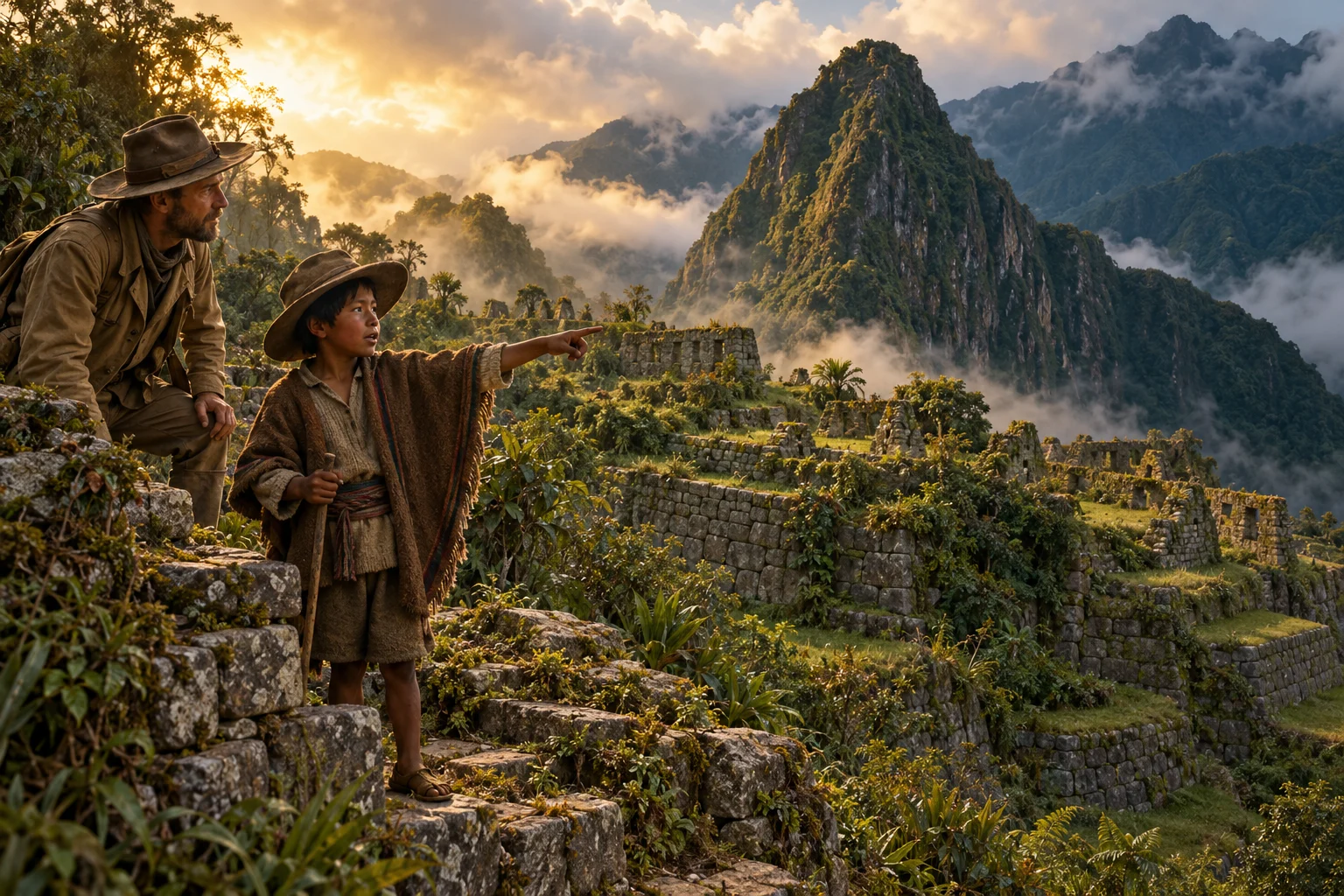 An Andean boy shows an early twentieth-century visitor overgrown Inca stonework on a mountain terrace.