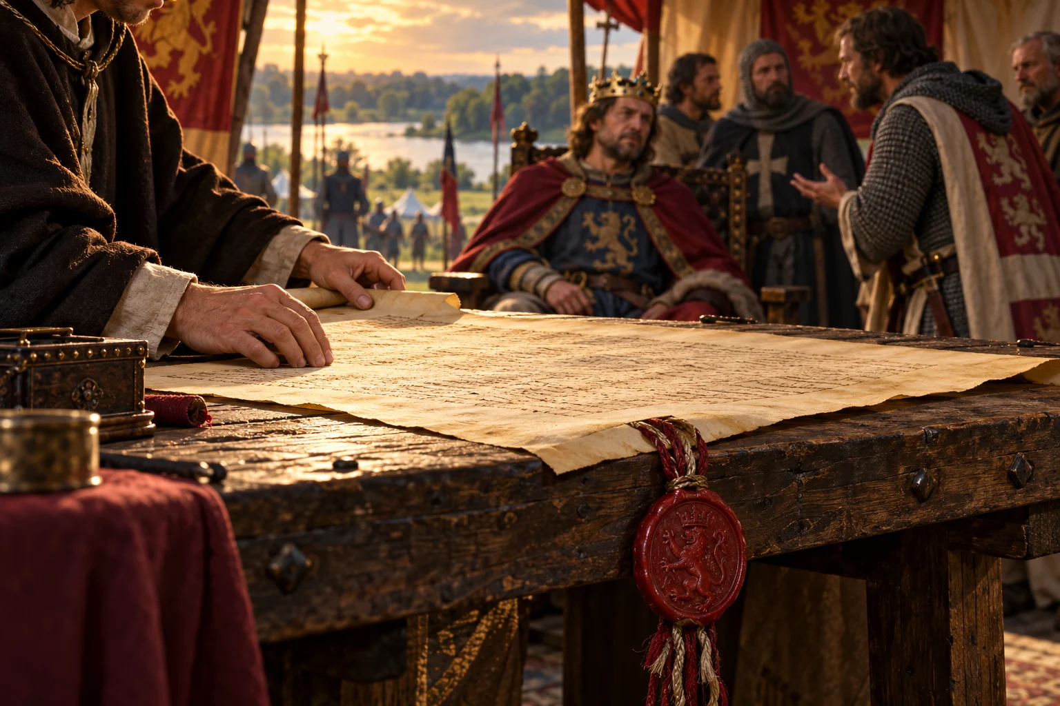 A parchment charter and hanging wax seal lie before a king and barons in a medieval tent.