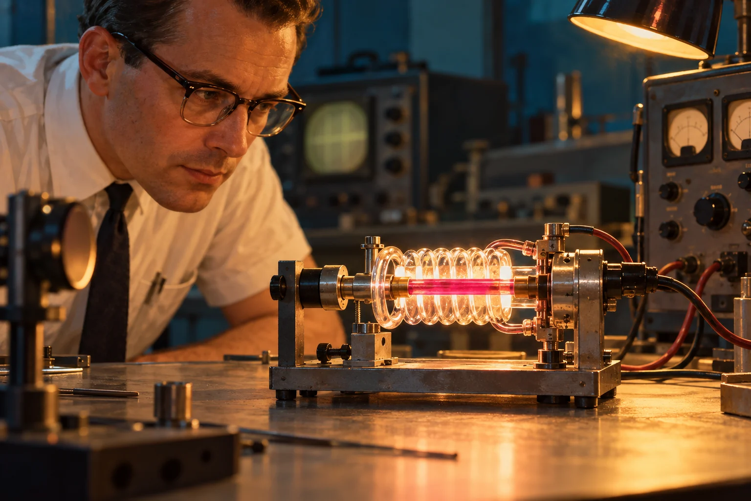 A scientist studies a small ruby rod and coiled flashlamp on a laboratory bench.