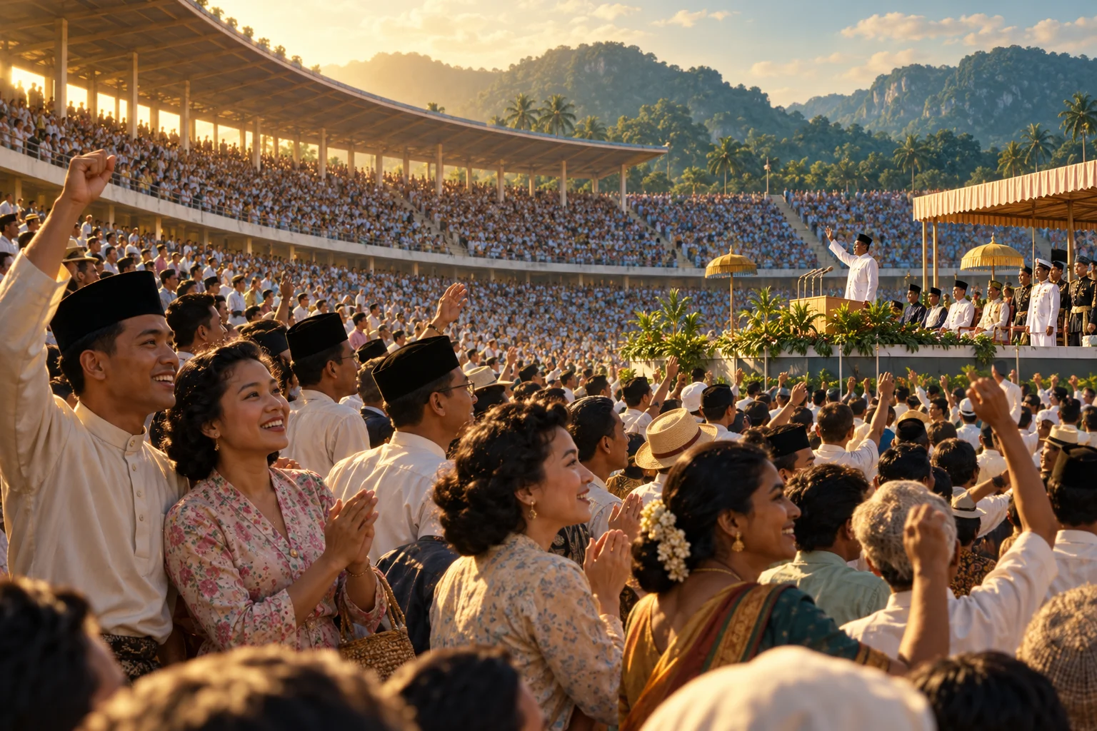 A diverse crowd celebrates in a stadium as a speaker in white raises his hand from the platform.