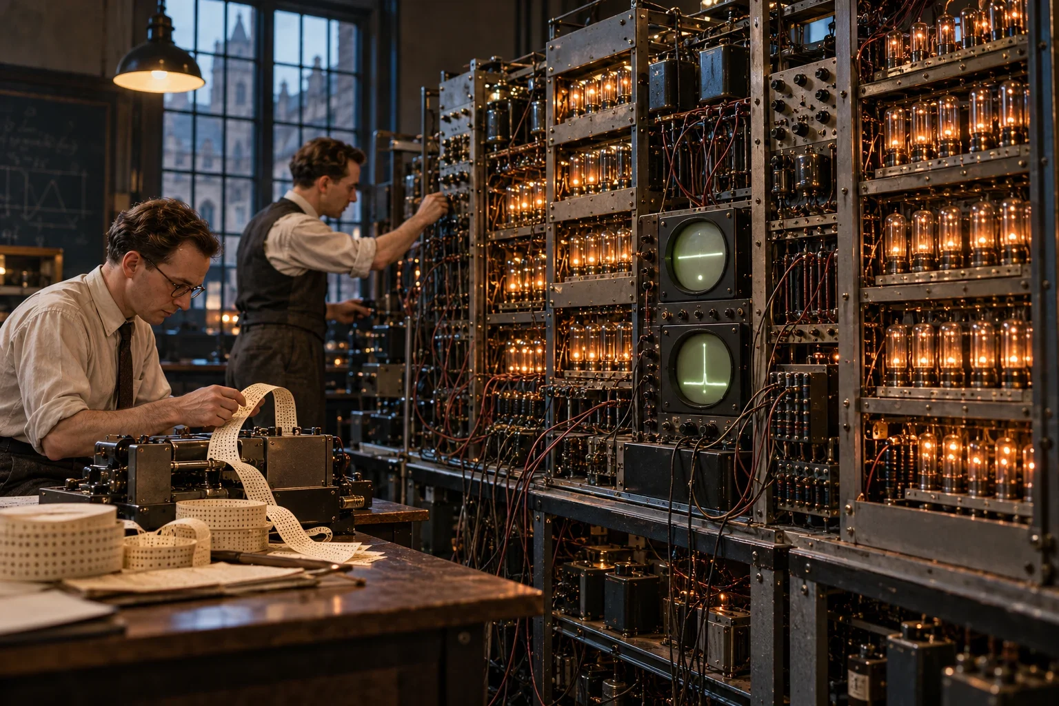 An imagined 1948 laboratory with valve racks, exposed wiring and a glowing cathode-ray tube.