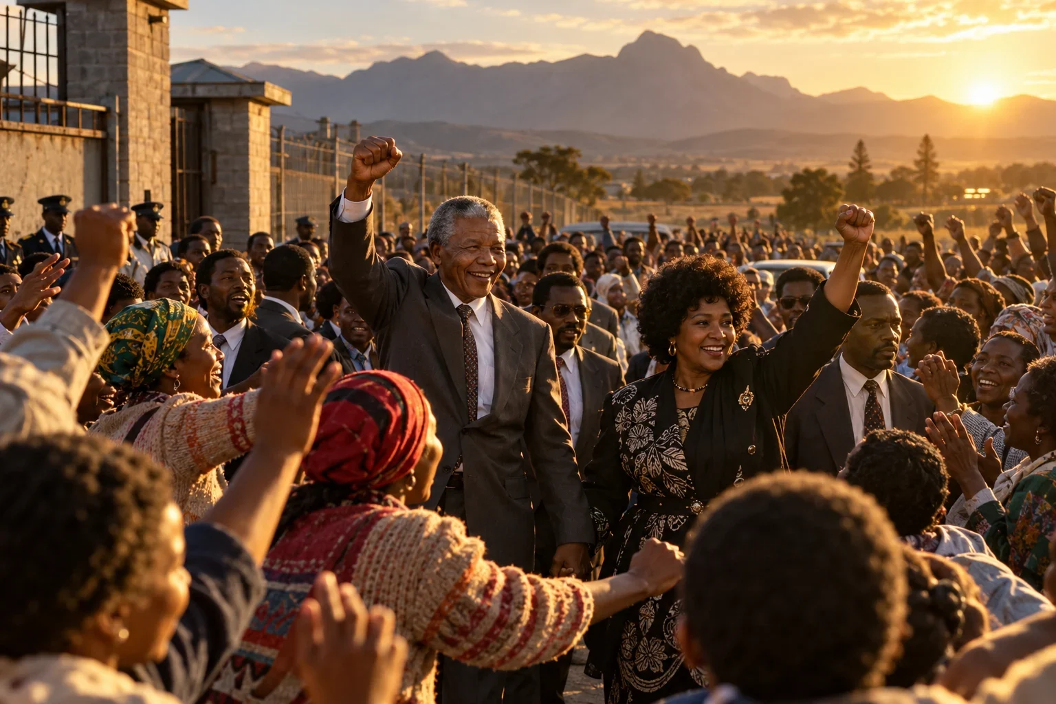 An imagined scene of a couple leaving open prison gates as a hopeful crowd looks on.