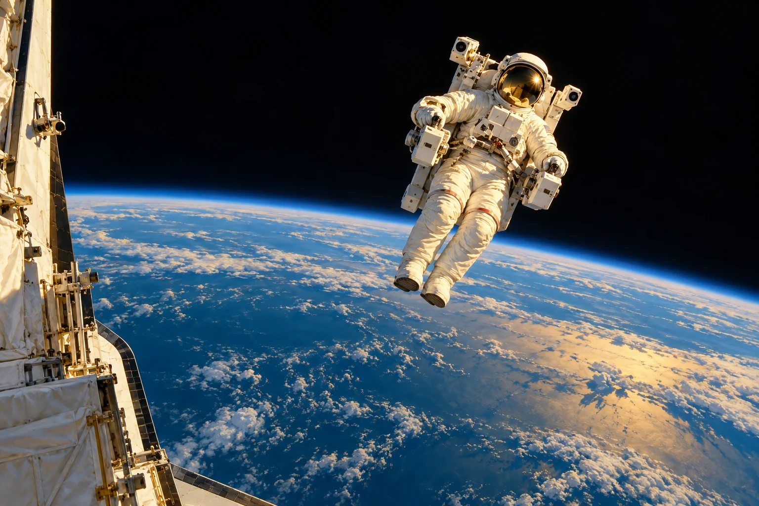 An astronaut with a manoeuvring backpack floats untethered above Earth's curved horizon beside a distant shuttle.