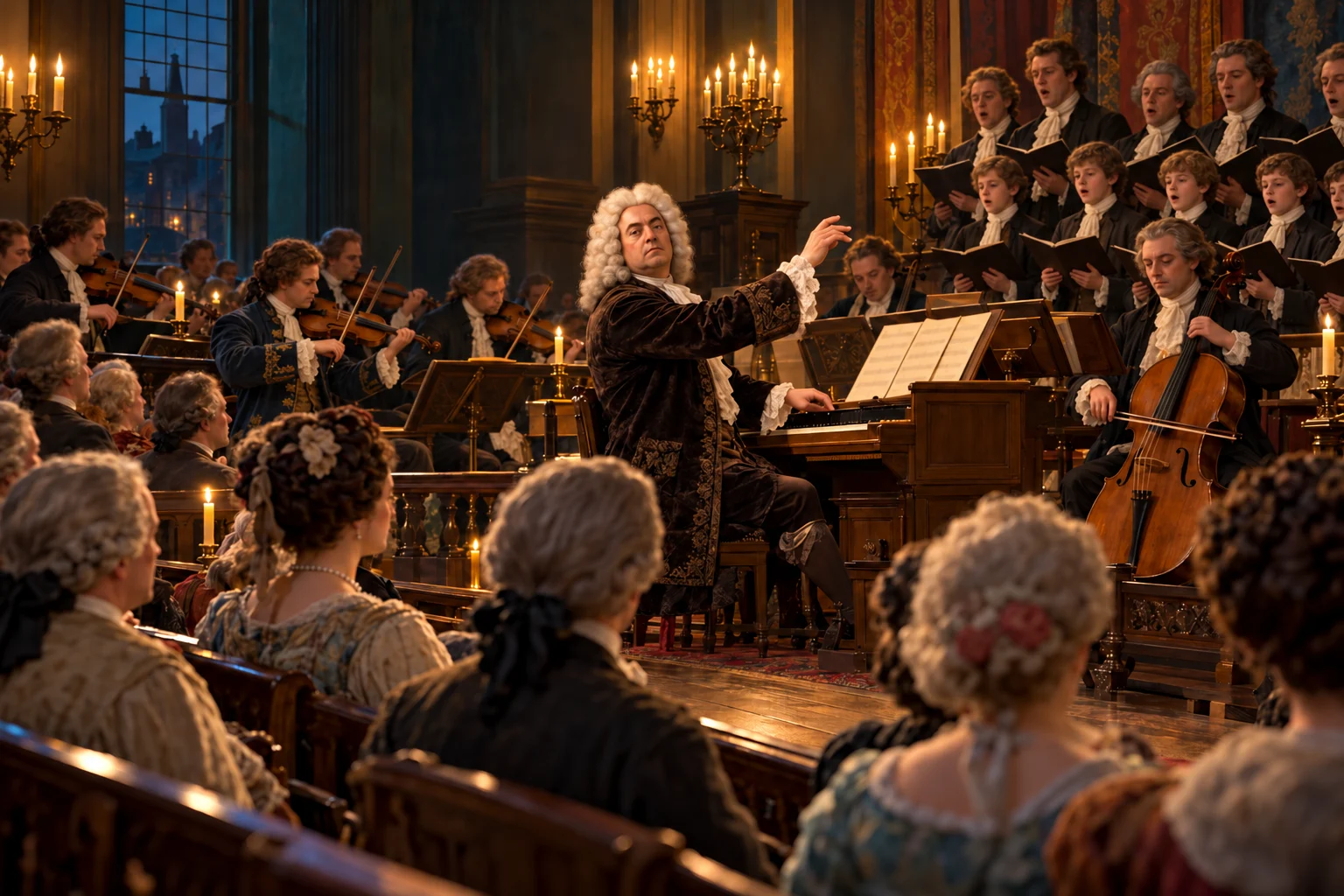Handel directs a small orchestra and a choir of men and boys in an eighteenth-century concert hall.