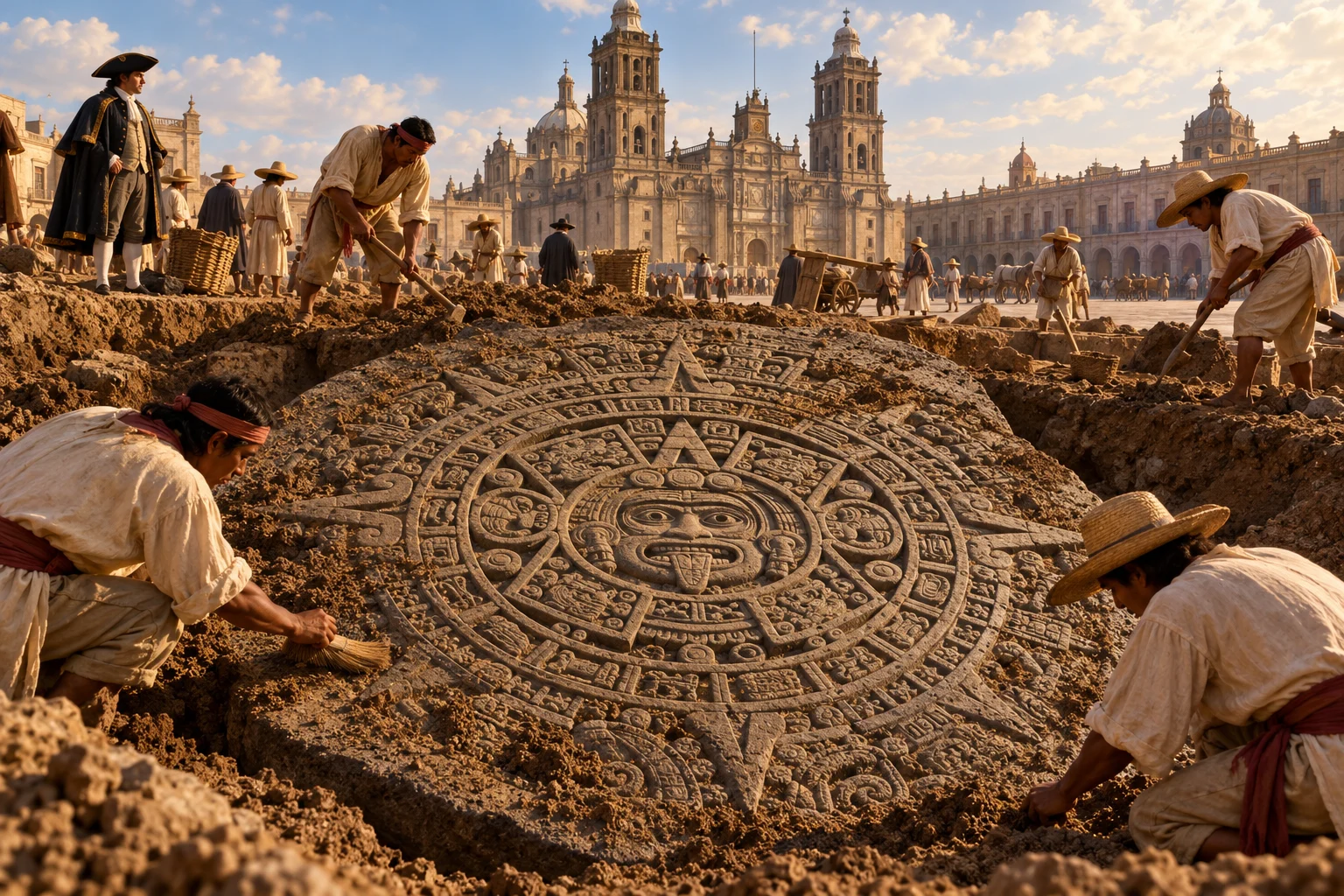 Workers uncover a large circular carved basalt monument during improvements to colonial Mexico City’s main square.
