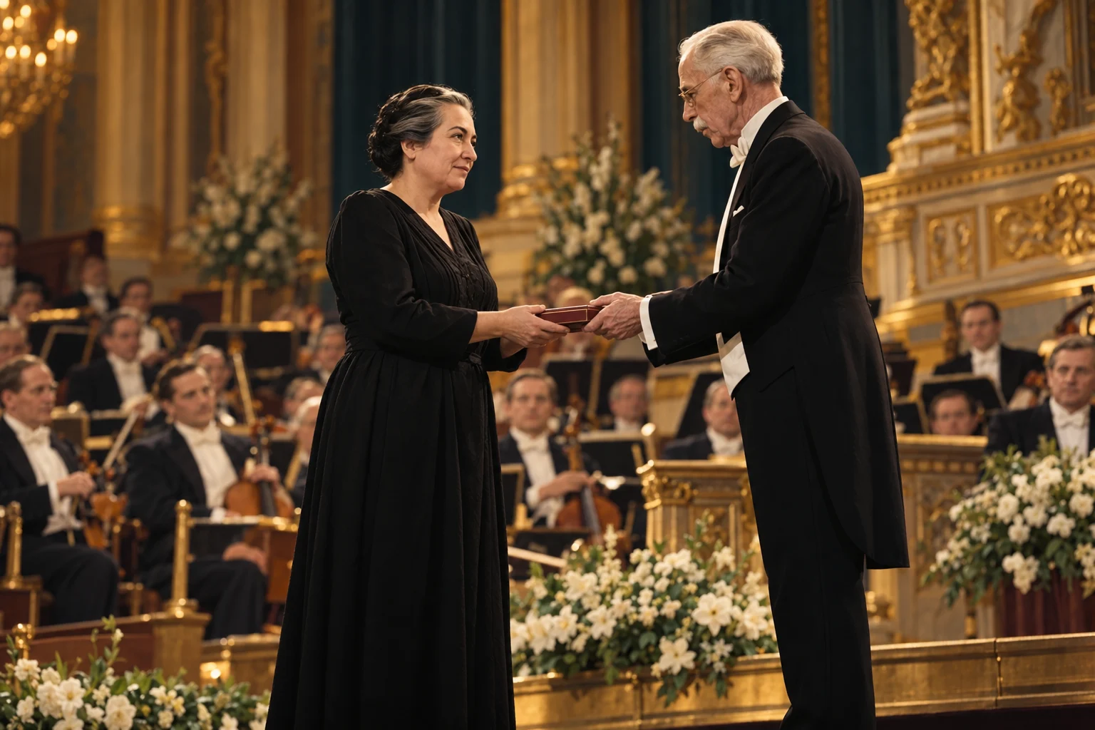Gabriela Mistral accepts a small presentation case from King Gustaf V on a formal concert hall stage.