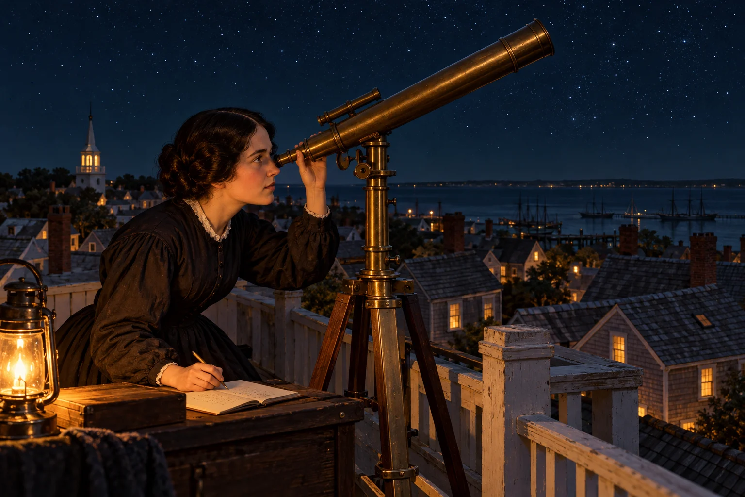 Maria Mitchell observes the night sky through a brass telescope above Nantucket rooftops, with a notebook nearby.