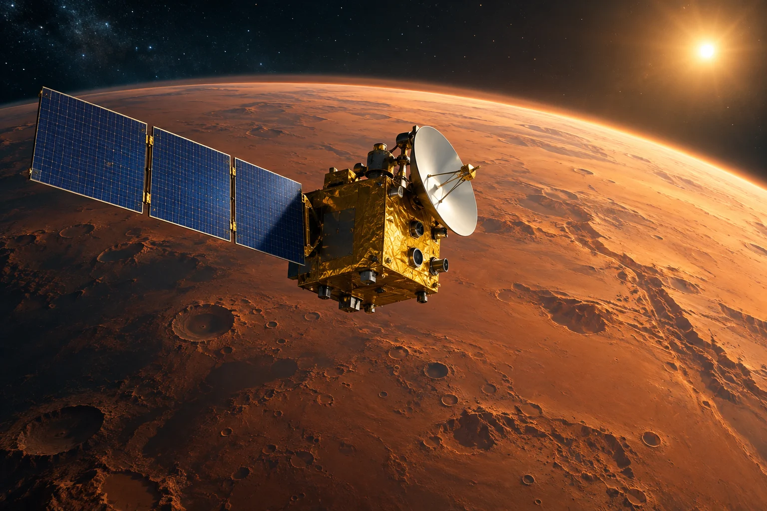 India’s gold-blanketed Mars Orbiter spacecraft above the orange curve of Mars.