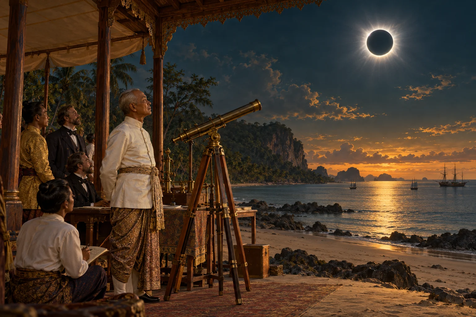King Mongkut and observers stand beside a brass telescope under a coastal pavilion during a total eclipse.