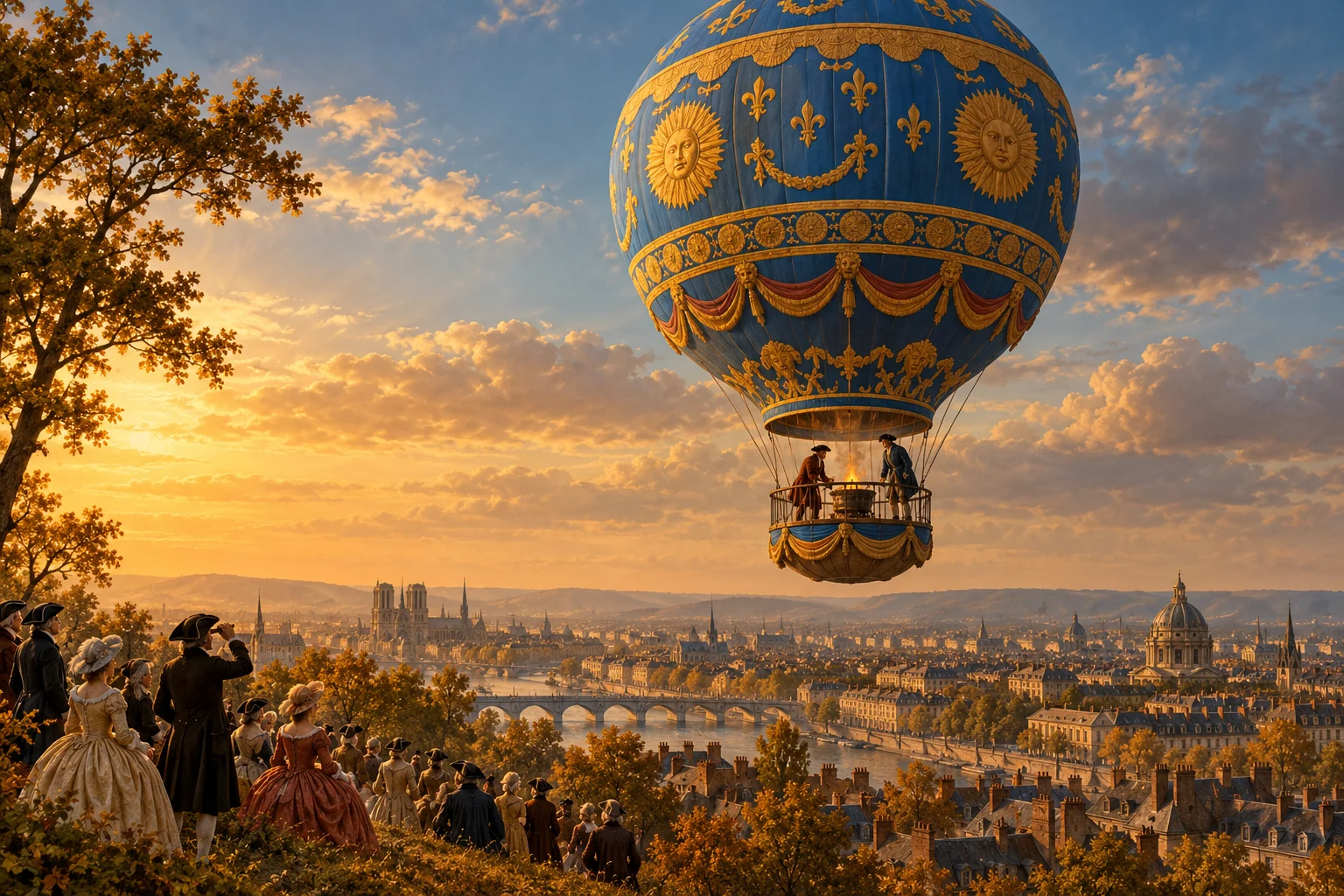 A decorated eighteenth-century balloon carries two people above Parisian rooftops.
