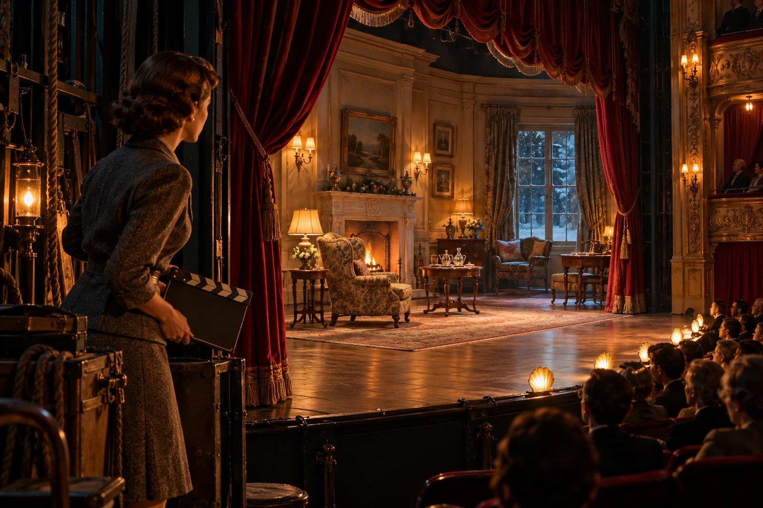 A woman in the wings looks toward a country-house stage set framed by red theatre curtains.