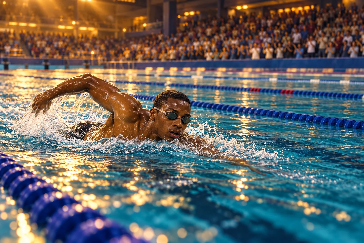 A lone determined swimmer crosses a teal pool lane while spectators applaud in a softly lit aquatic arena.