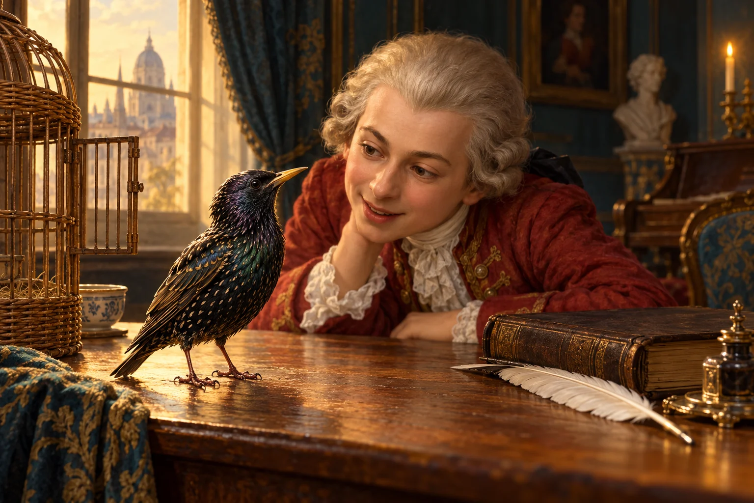 Mozart watches a starling beside a wicker cage and a closed account book in an eighteenth-century room.