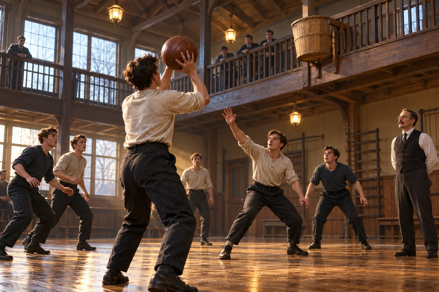 Adult students pass a leather football beneath a closed peach basket fixed to a wooden gym gallery.