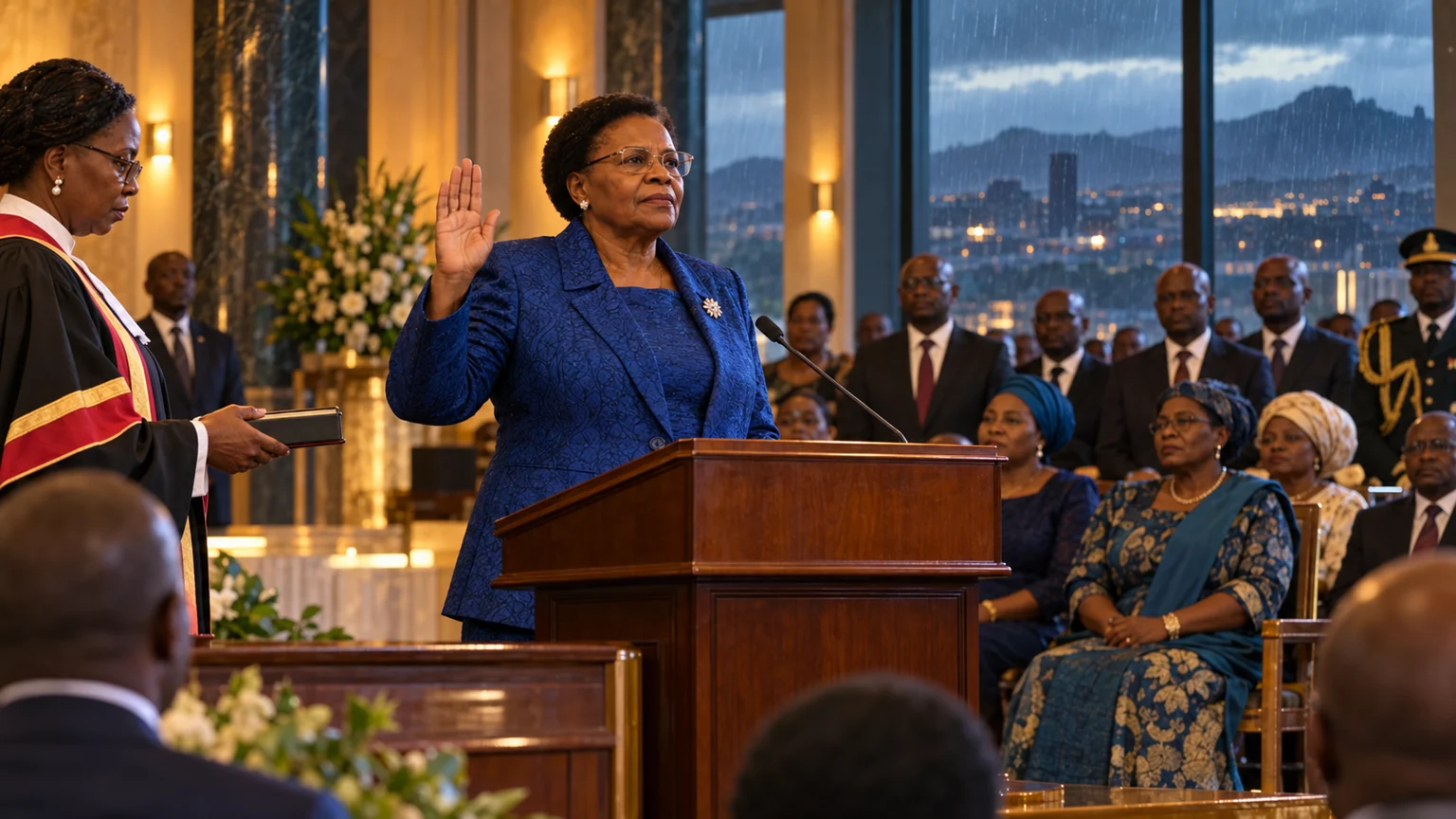 Netumbo Nandi-Ndaitwah raises her hand during an indoor oath-taking ceremony before gathered officials.