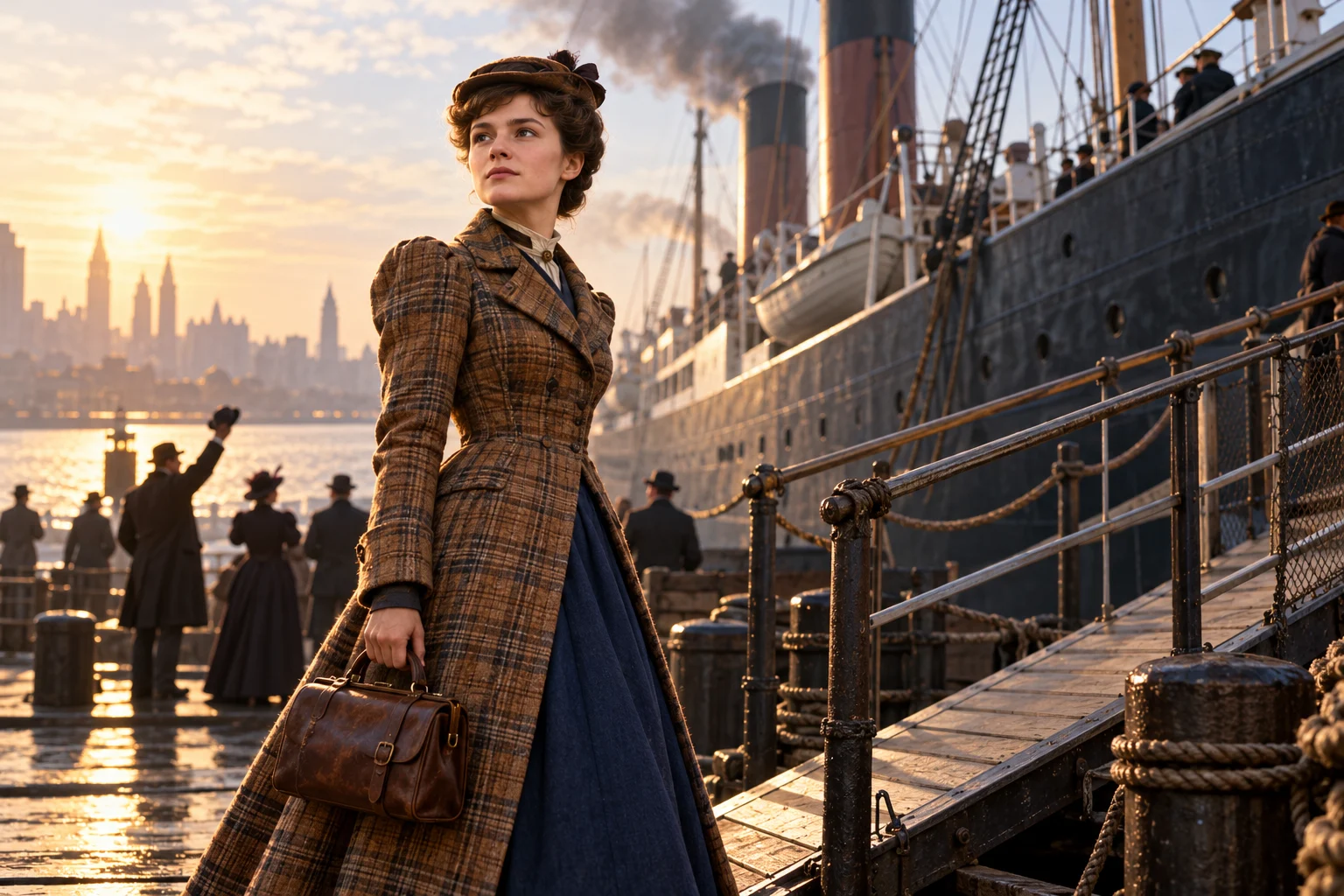 A Victorian woman carrying a small leather satchel beside a steamship gangway.