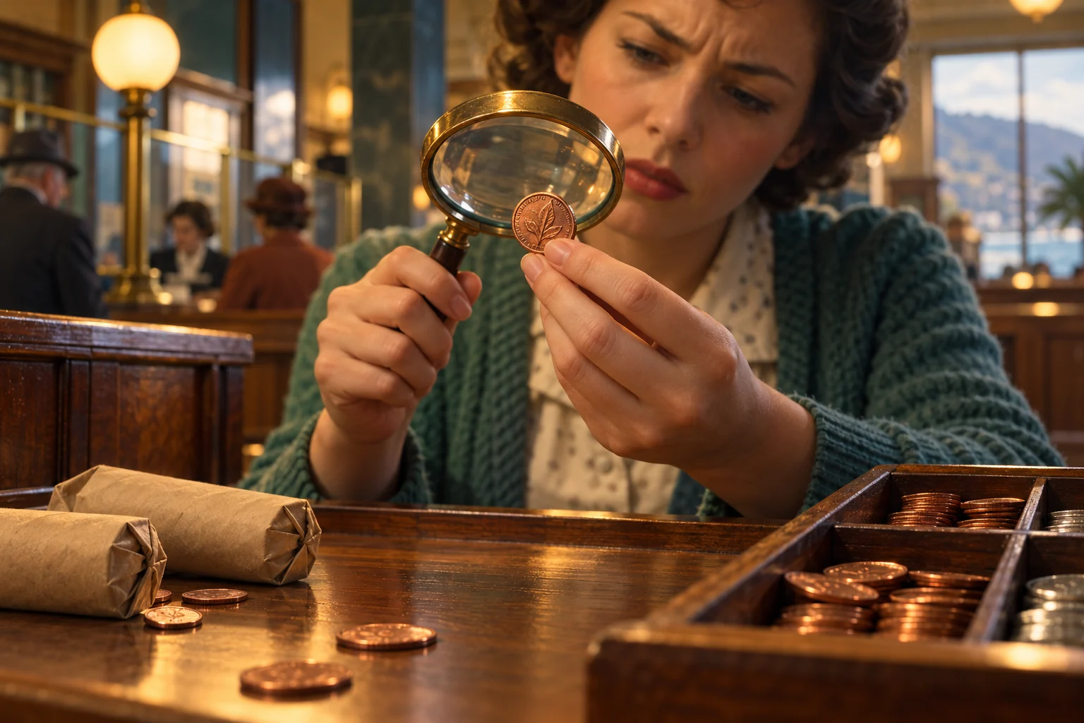 A woman examines a small copper coin with a magnifying glass at a 1960s New Zealand bank counter.