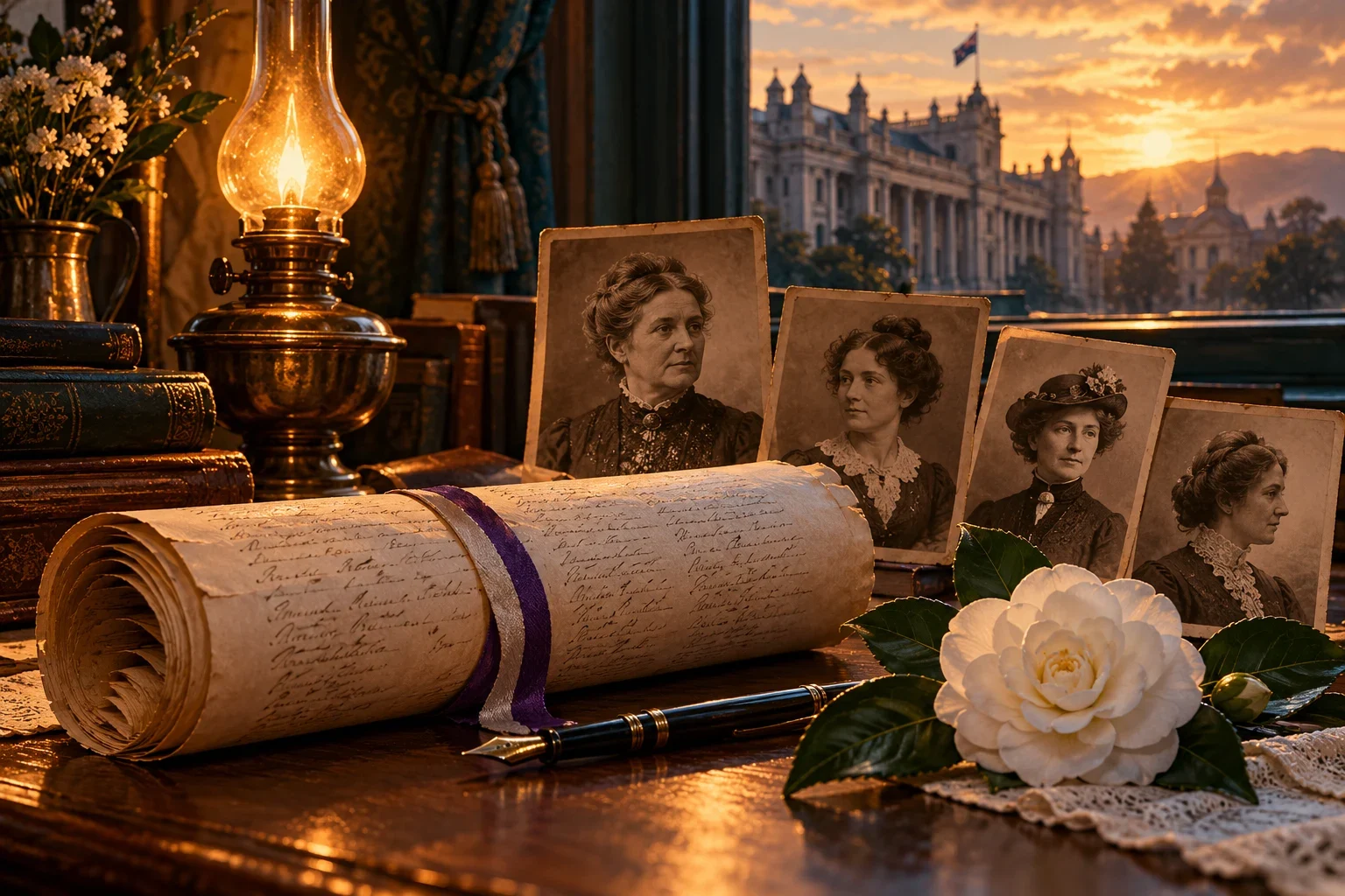 An imagined 1893 suffrage petition table with women’s hands, ink pens and a white camellia.