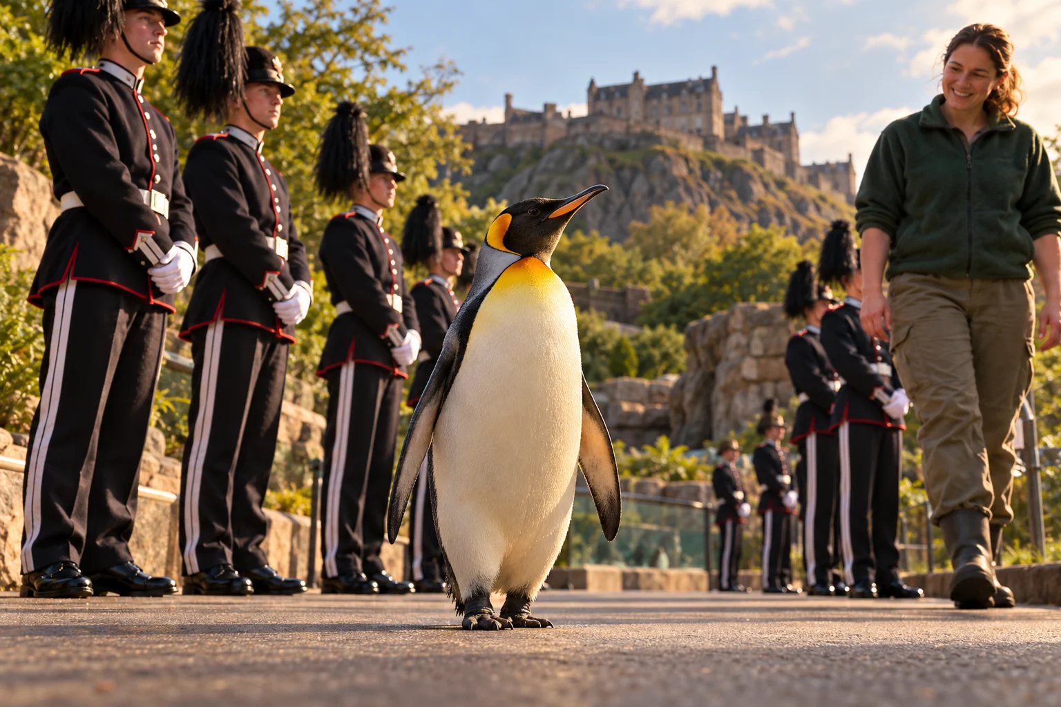 A king penguin stands on a path between a keeper and Norwegian ceremonial guards.