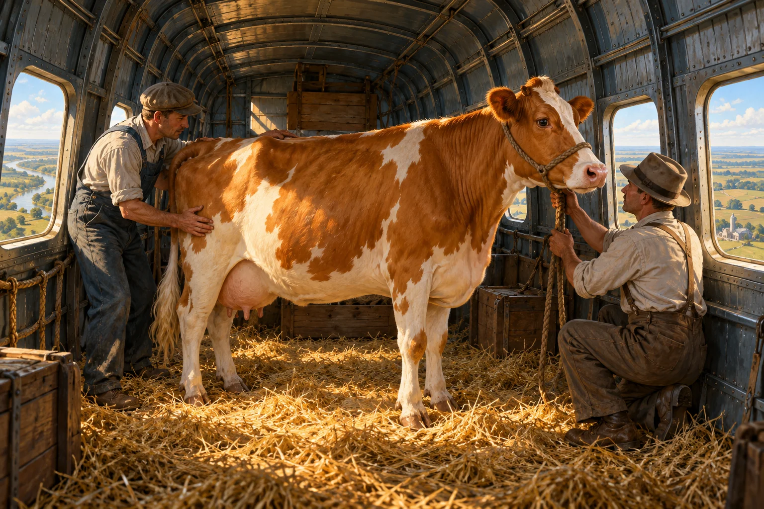 A Guernsey cow and two handlers inside a corrugated-metal aircraft cabin above farmland.