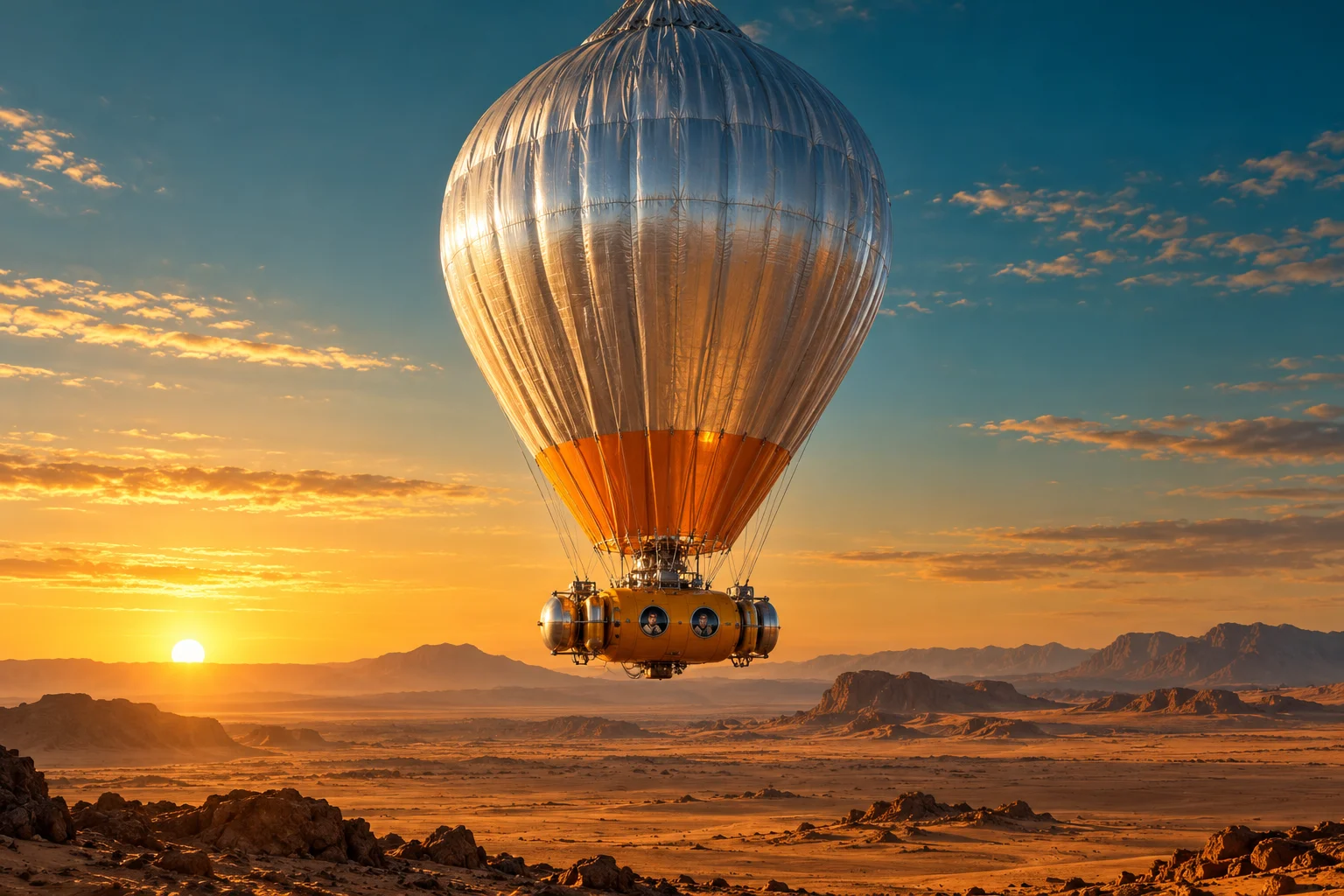 A silver and orange long-distance balloon with a pressurised capsule descends toward an Egyptian desert plain.