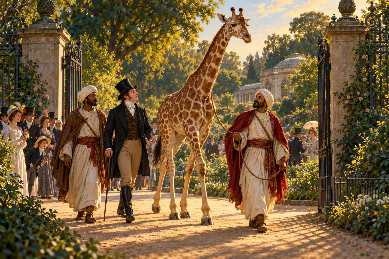 A young giraffe and its keepers walk through a Paris garden gate as visitors watch in early nineteenth-century clothing.