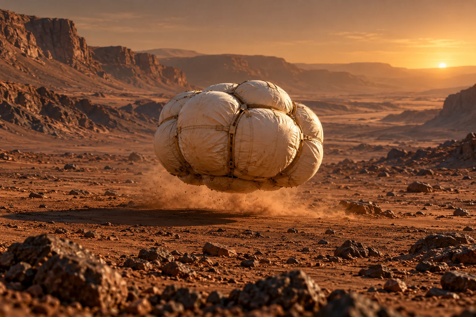 A cream-coloured cluster of spacecraft airbags bounces above a rocky Martian plain.