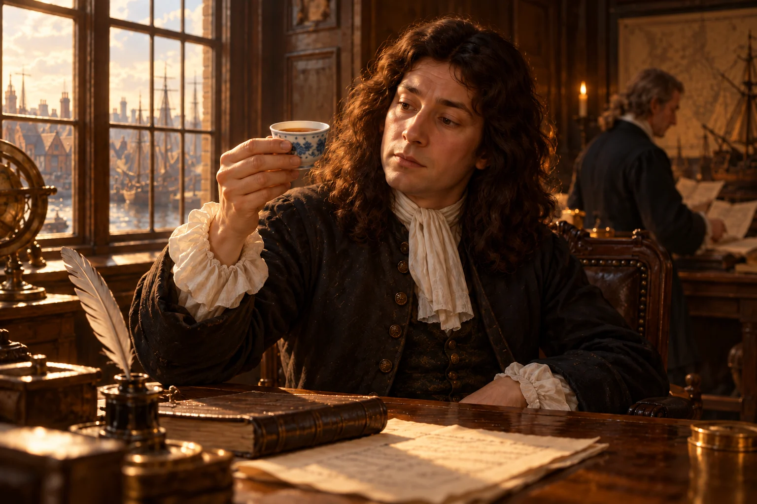 Samuel Pepys examines a small tea bowl in a seventeenth-century Navy Office, with gabled London rooftops beyond the window.