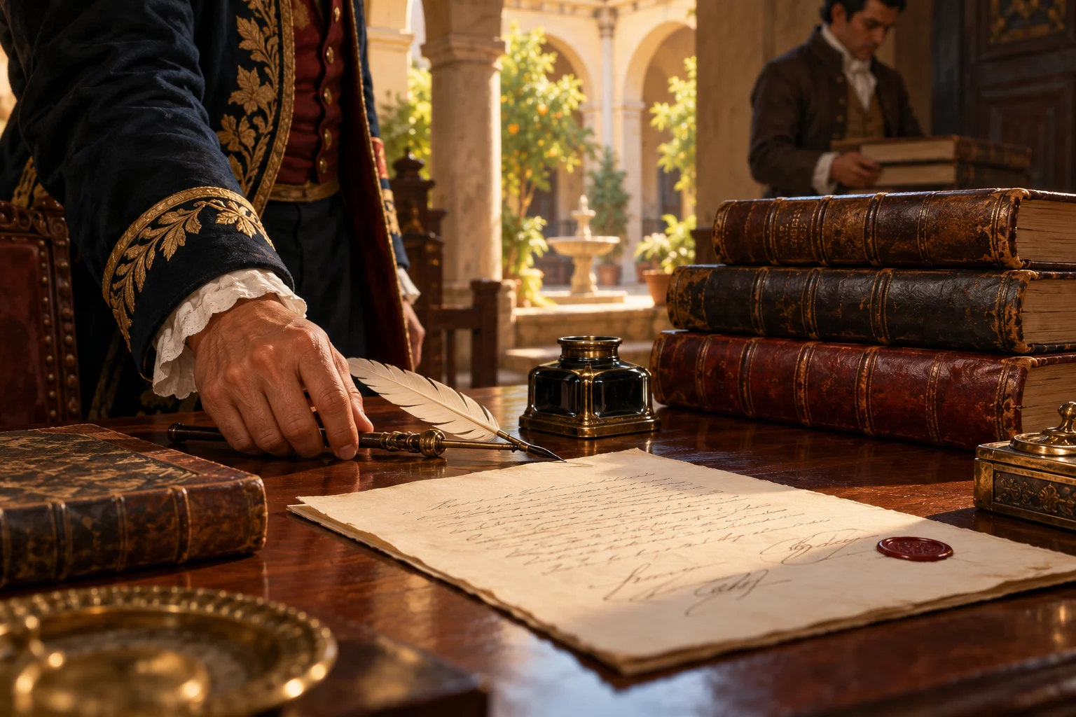 A hand rests beside a quill and a founding document on a table stacked with books in early-nineteenth-century Lima.
