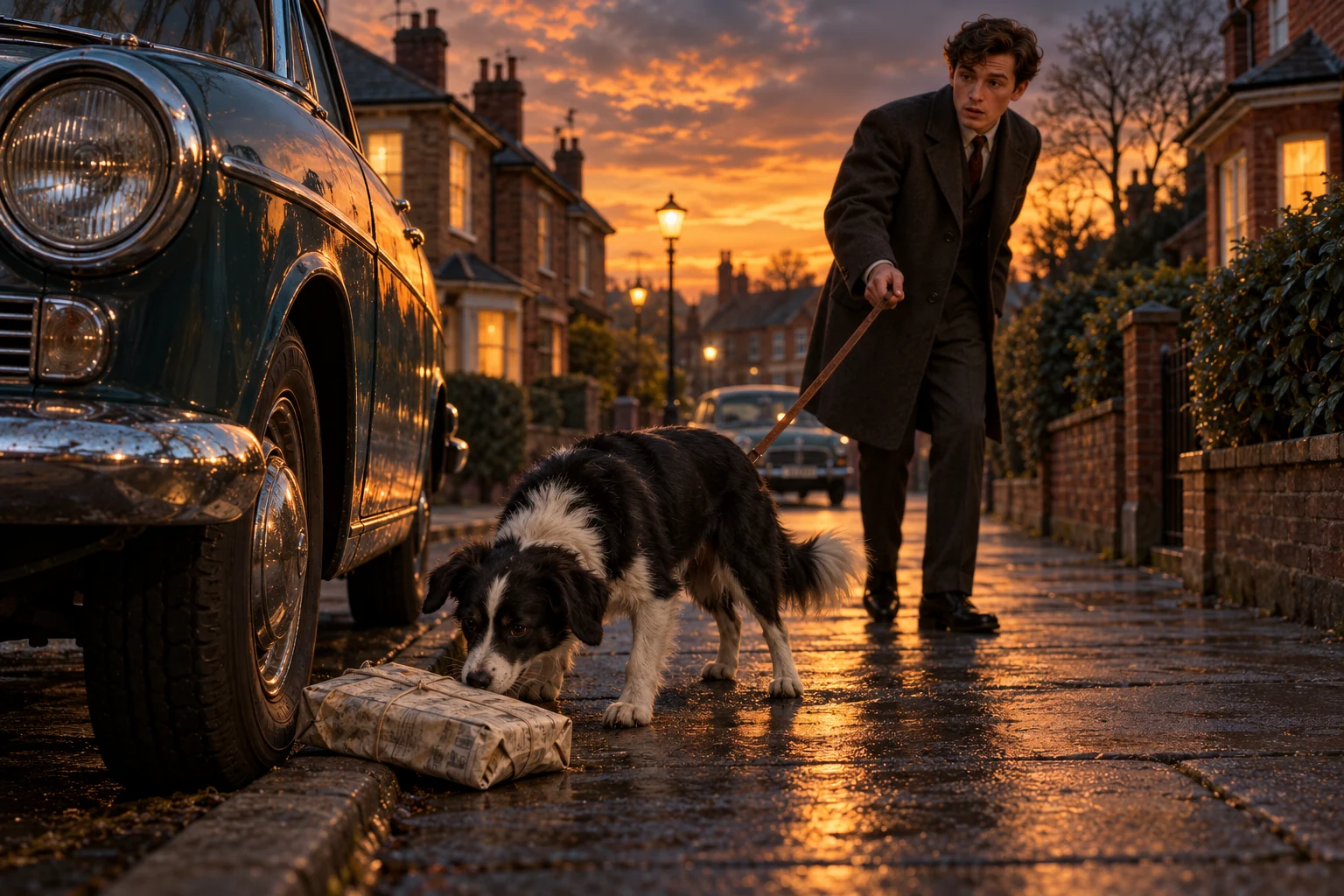 Illustration of a black-and-white dog sniffing a newspaper parcel beside a parked car as his owner watches.
