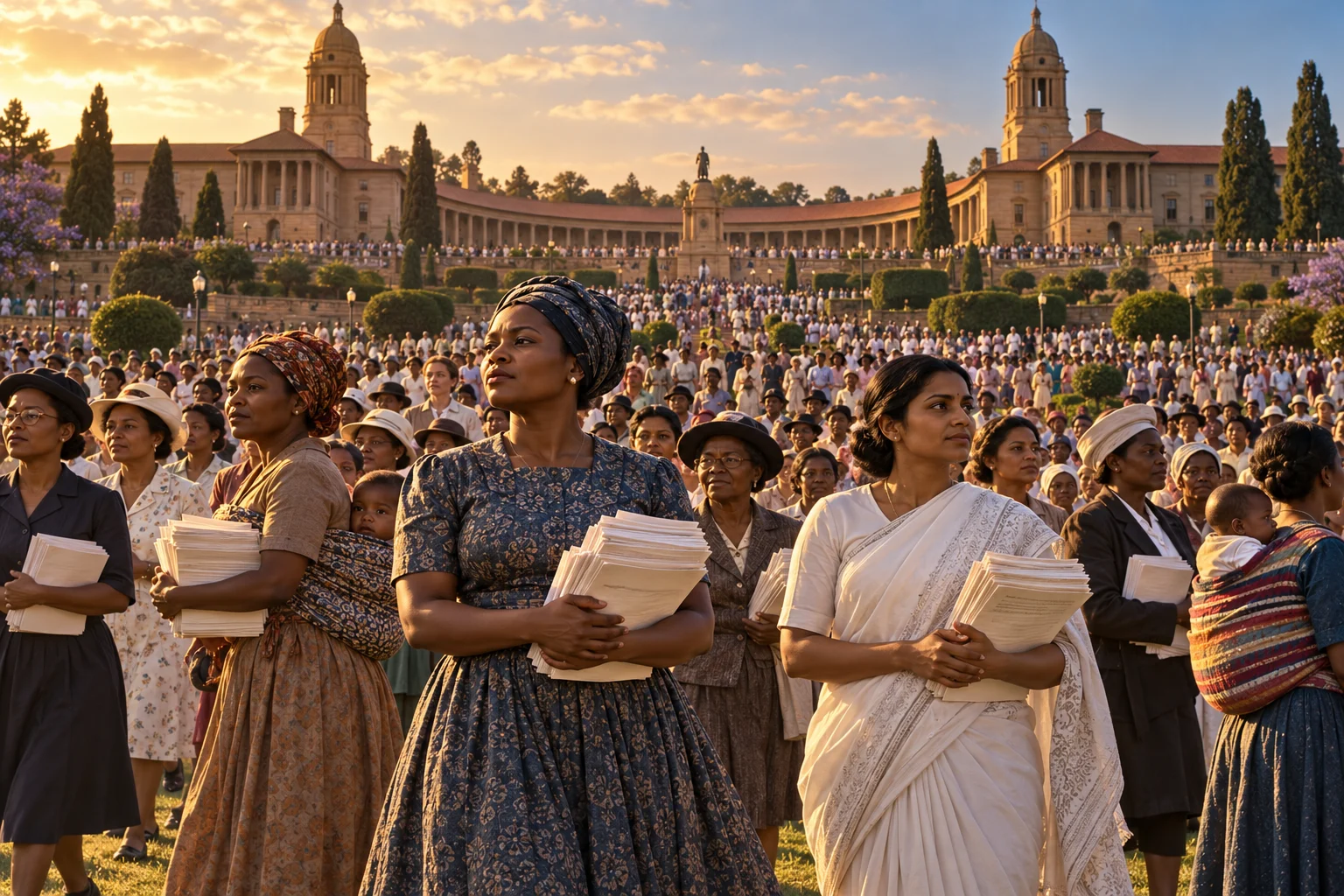 Women carrying bundles of petitions gather peacefully in the gardens below Pretoria's Union Buildings.