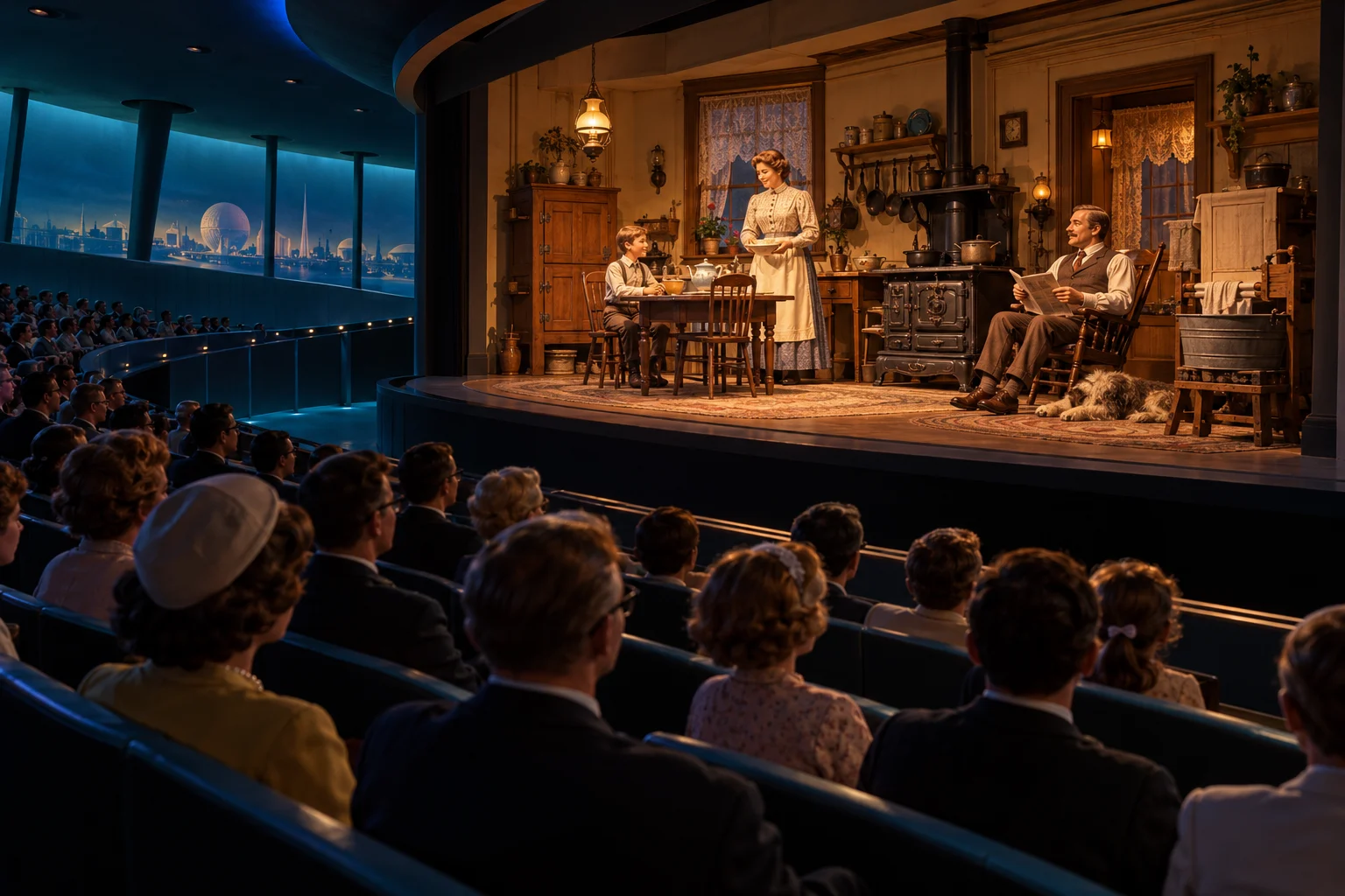 Illustration of a seated audience watching a mechanical family in an old-fashioned kitchen on a curved theatre stage.