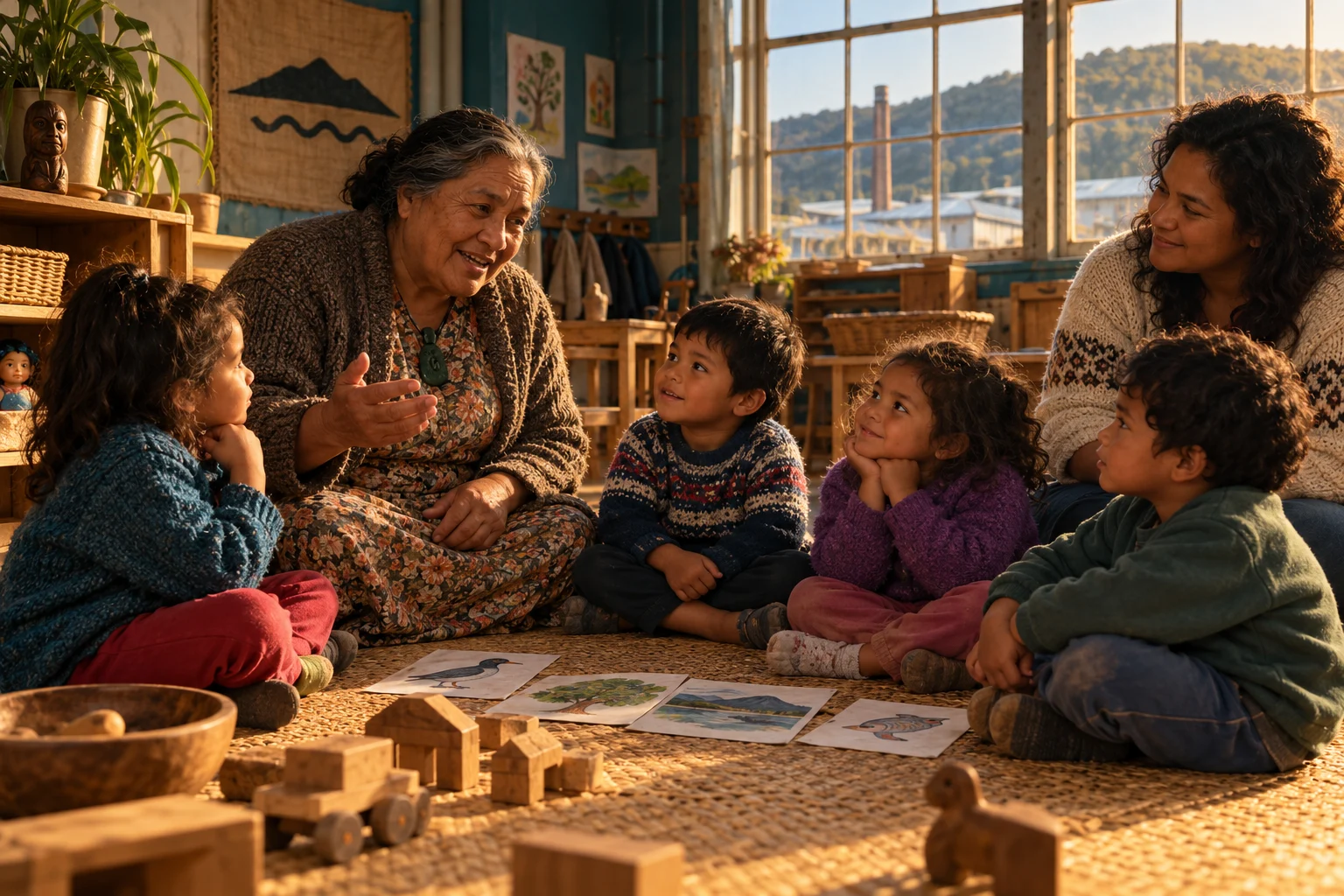 A Māori elder and preschool children share a conversation on a woven mat in a modest early-1980s room.