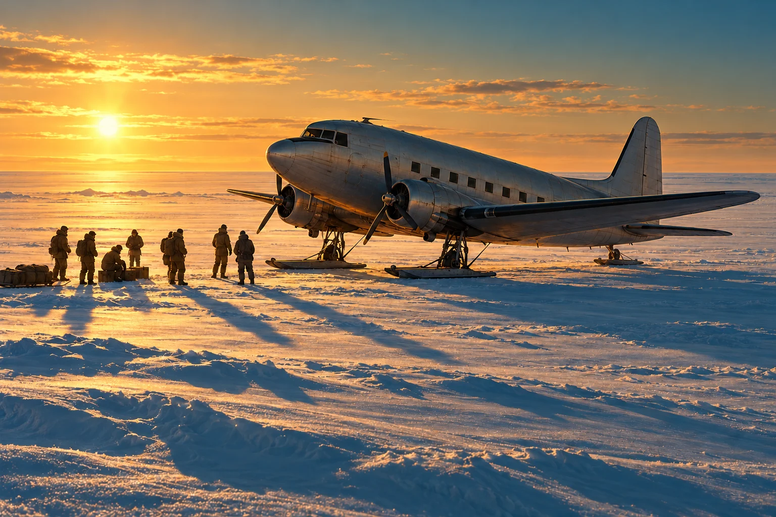 A ski-equipped twin-propeller transport aircraft and bundled expedition members stand on the flat Antarctic plateau.