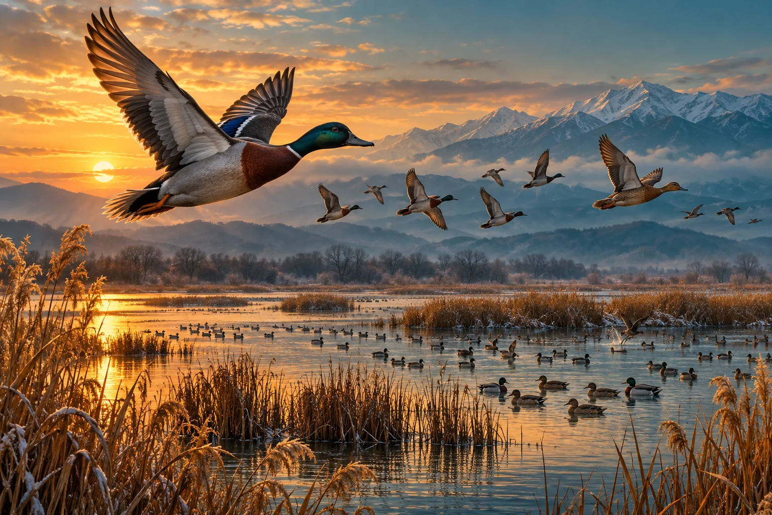 Migratory ducks fly over a reed-fringed Iranian wetland with mountains beyond.