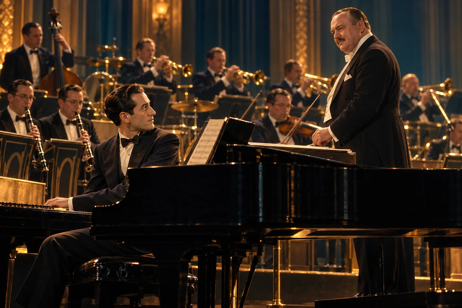 A young pianist looks toward a moustached bandleader during a pause on a 1920s concert stage.
