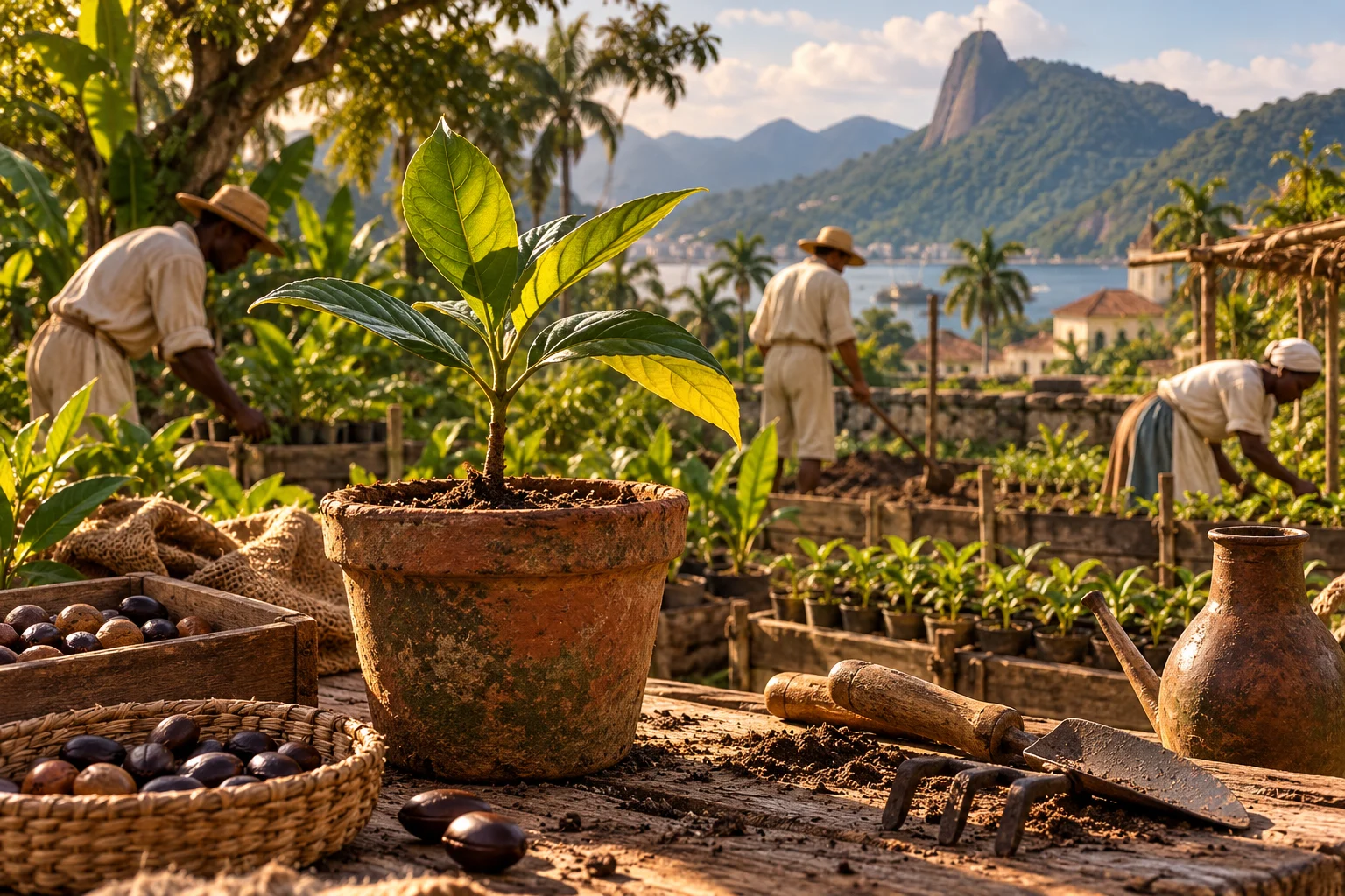 A potted tropical seedling and hand tools stand before a small garden nursery and forested hills.