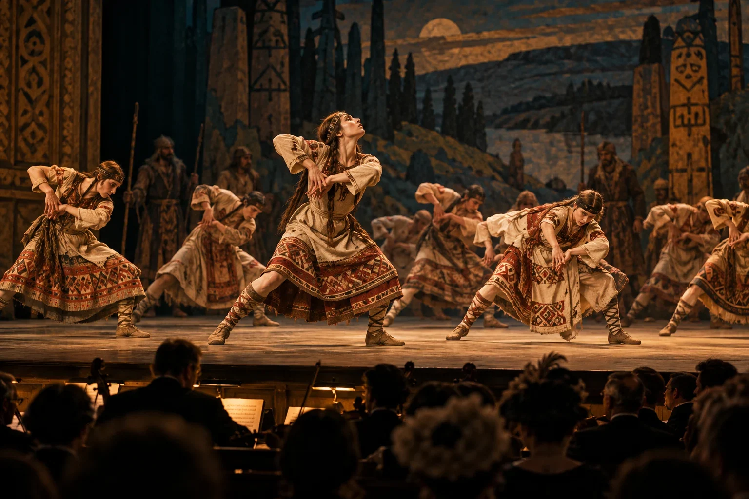 An imagined 1913 theatre performance with angular ballet poses and an orchestra pit.