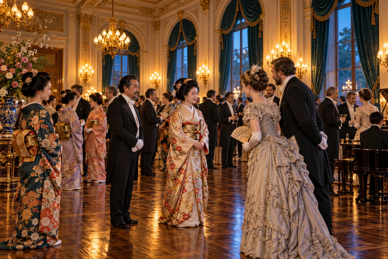 Japanese hosts and overseas guests meet beneath chandeliers in a European-style reception hall in Meiji-era Tokyo.