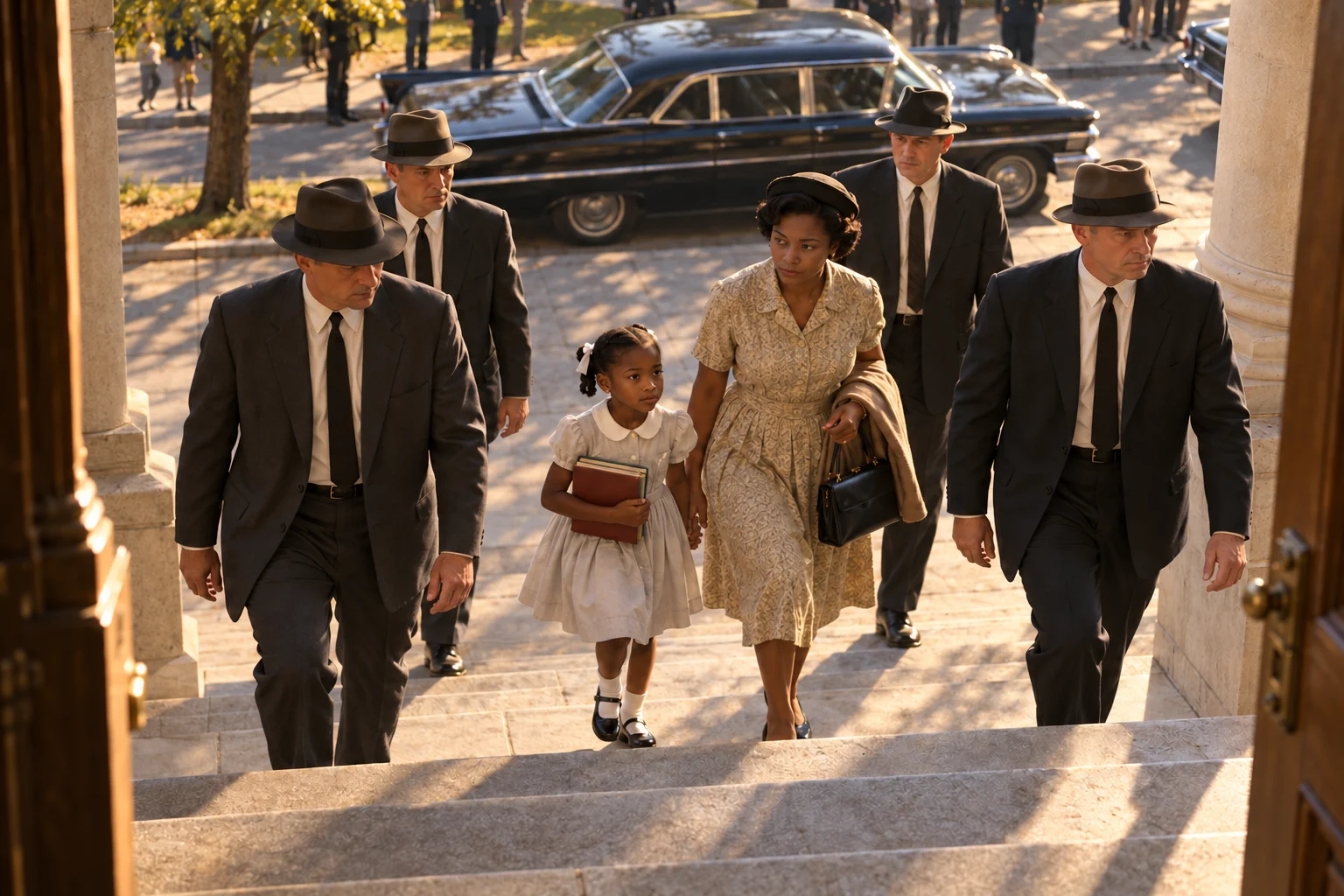 Illustration of Ruby Bridges and her mother approaching a school entrance with four suited federal marshals.