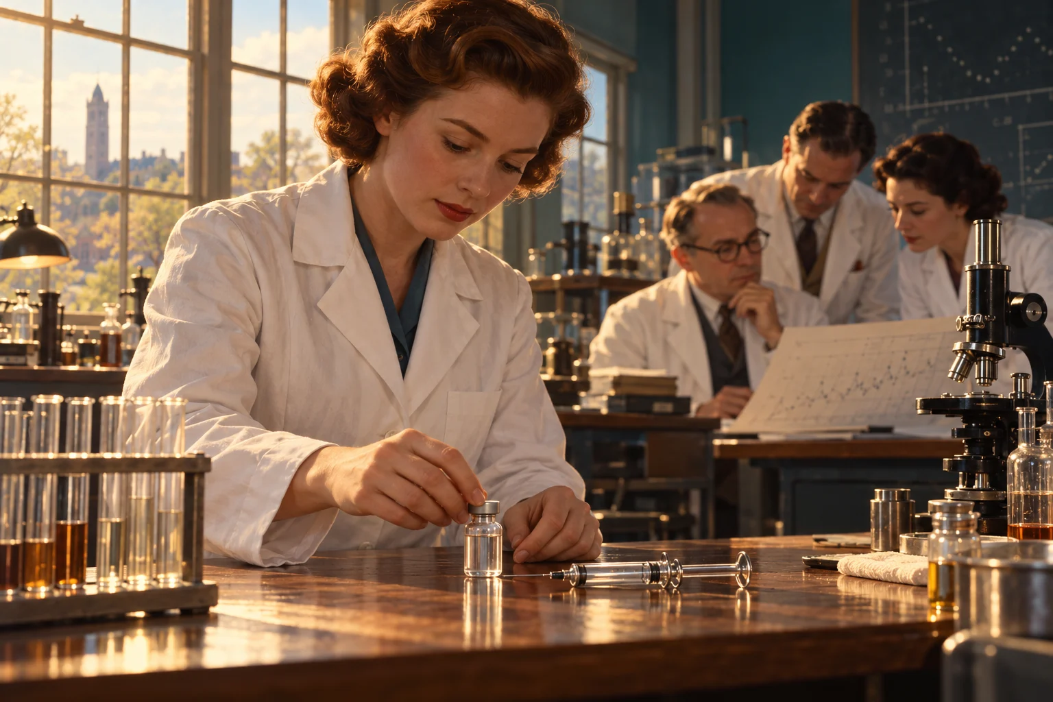 A laboratory researcher handles a clear vial while colleagues study results beside midcentury laboratory equipment.