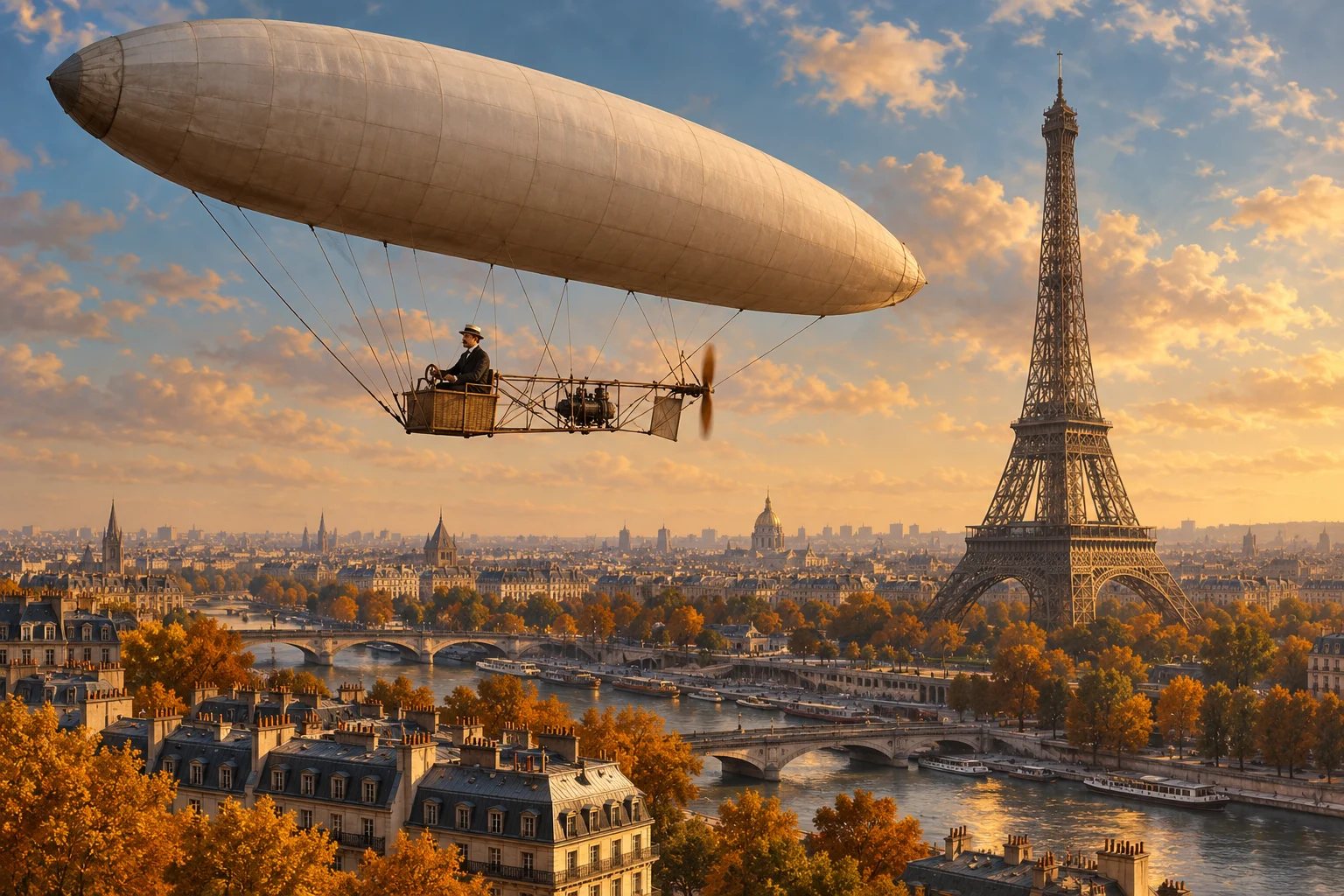 An early airship with a small suspended pilot station and propeller flies near the Eiffel Tower above Paris.