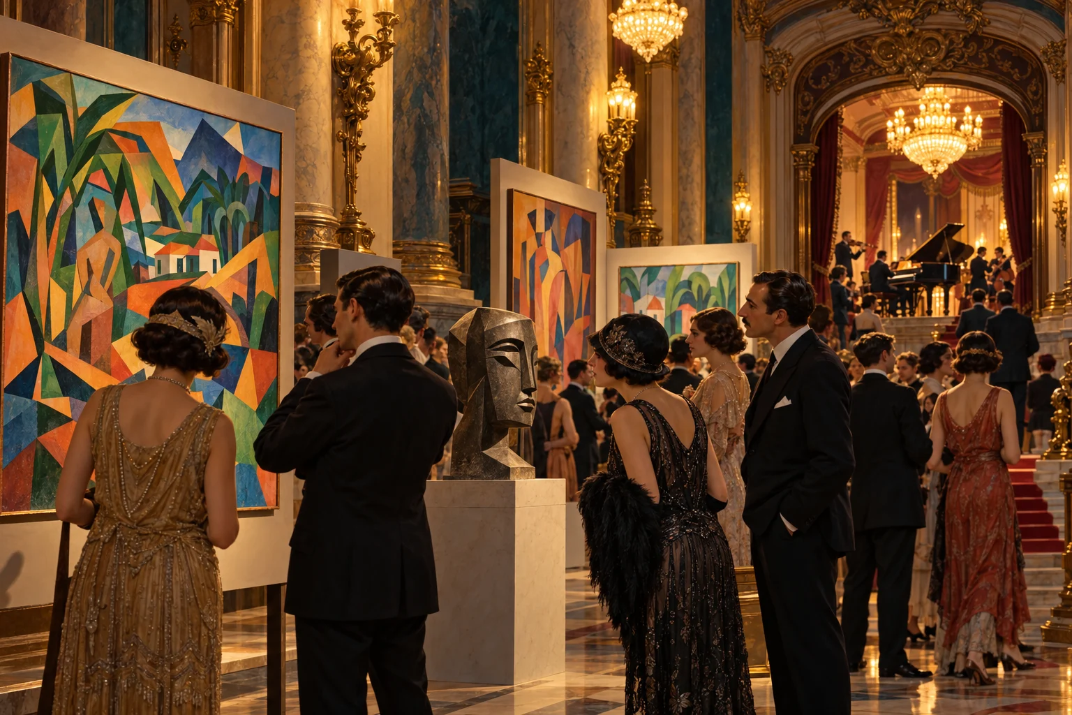 Visitors study modern paintings and sculpture in a theatre foyer while musicians perform beyond.