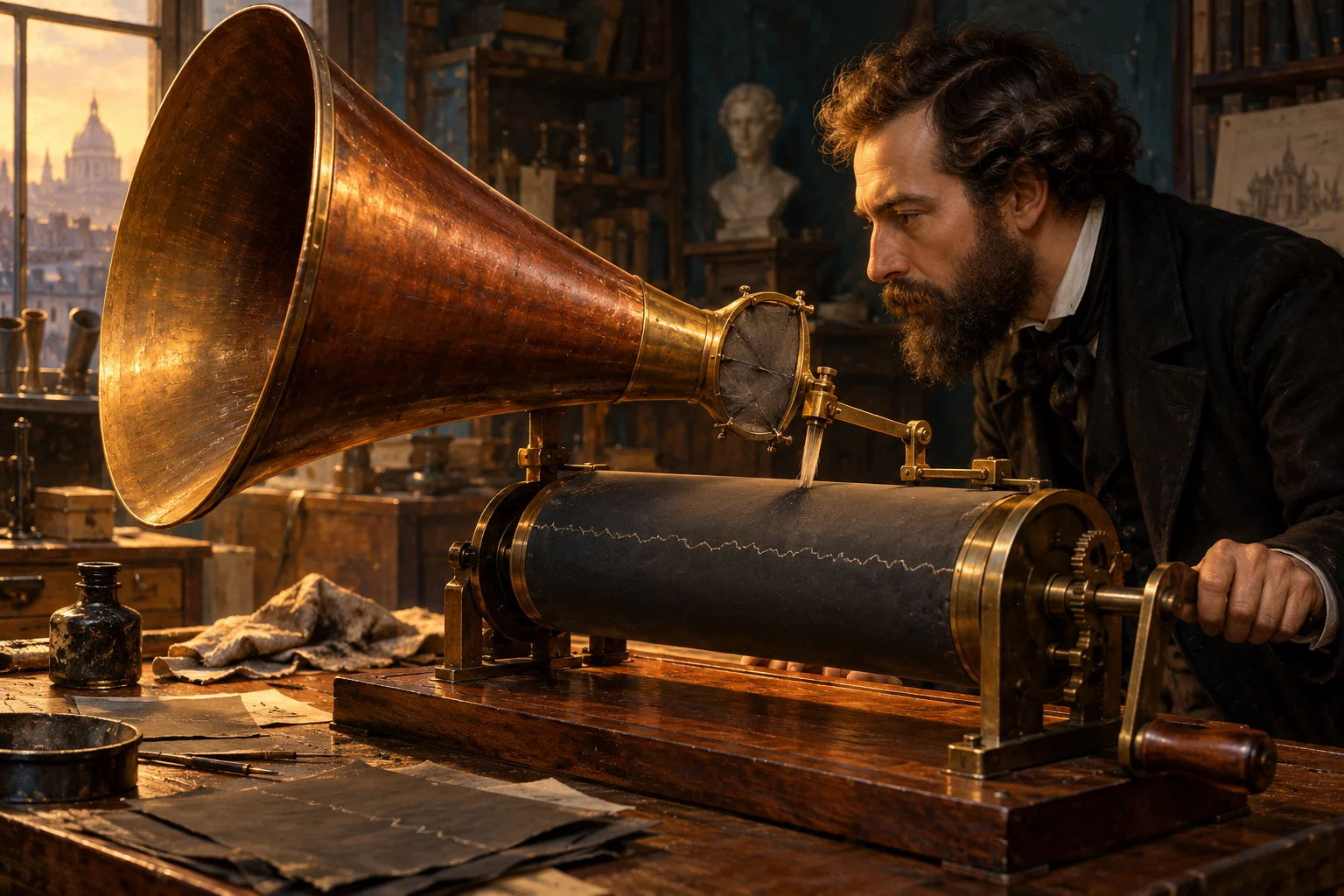 An inventor leans over a hand-cranked phonautograph with an acoustic horn and a dark recording cylinder.