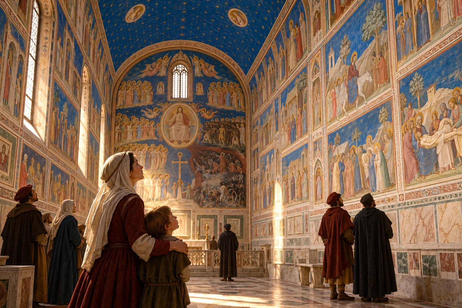 Early fourteenth-century visitors look at narrative frescoes beneath the blue starry vault of the Scrovegni Chapel.