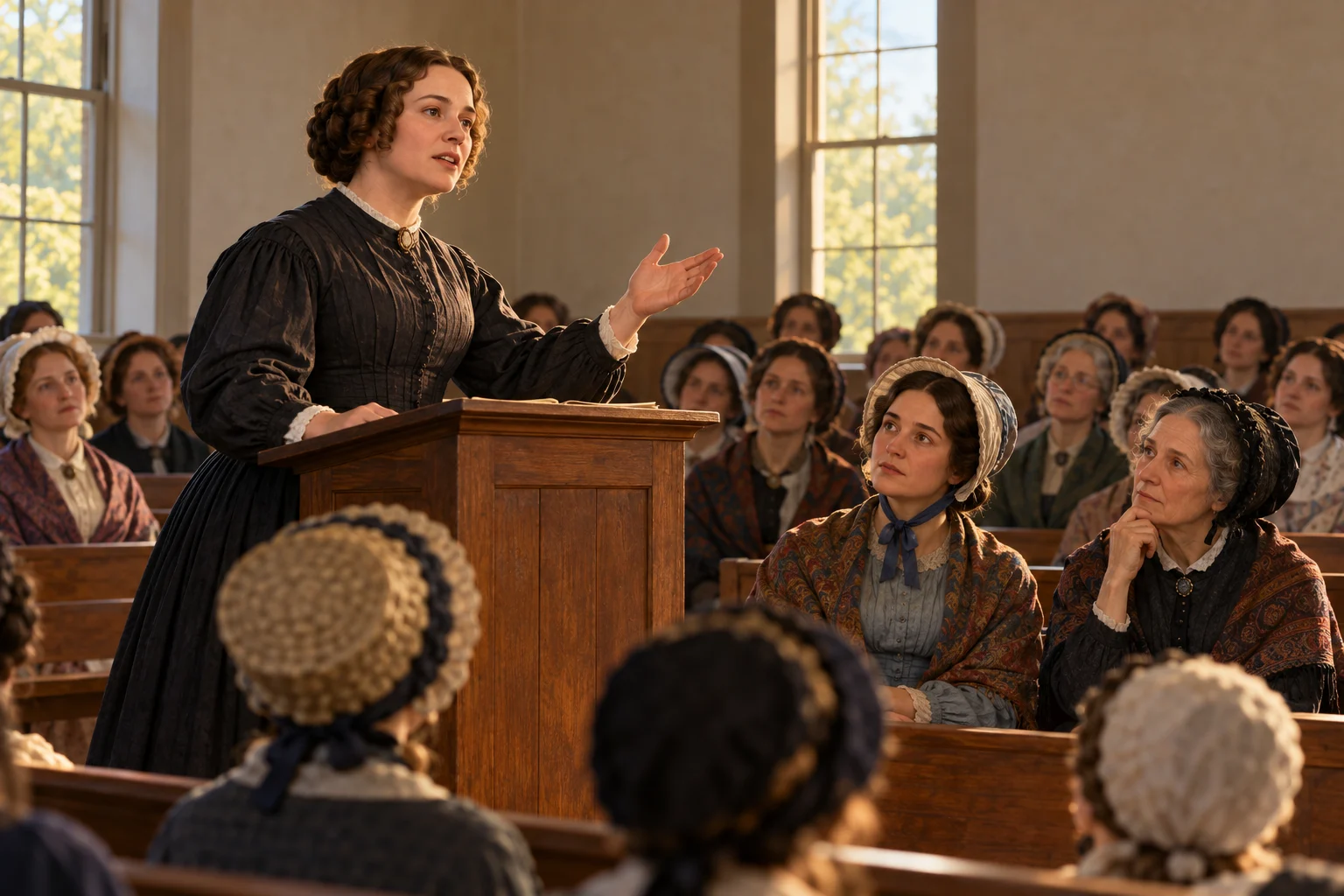 A woman addresses attentive women in bonnets and shawls inside a modest nineteenth-century chapel.